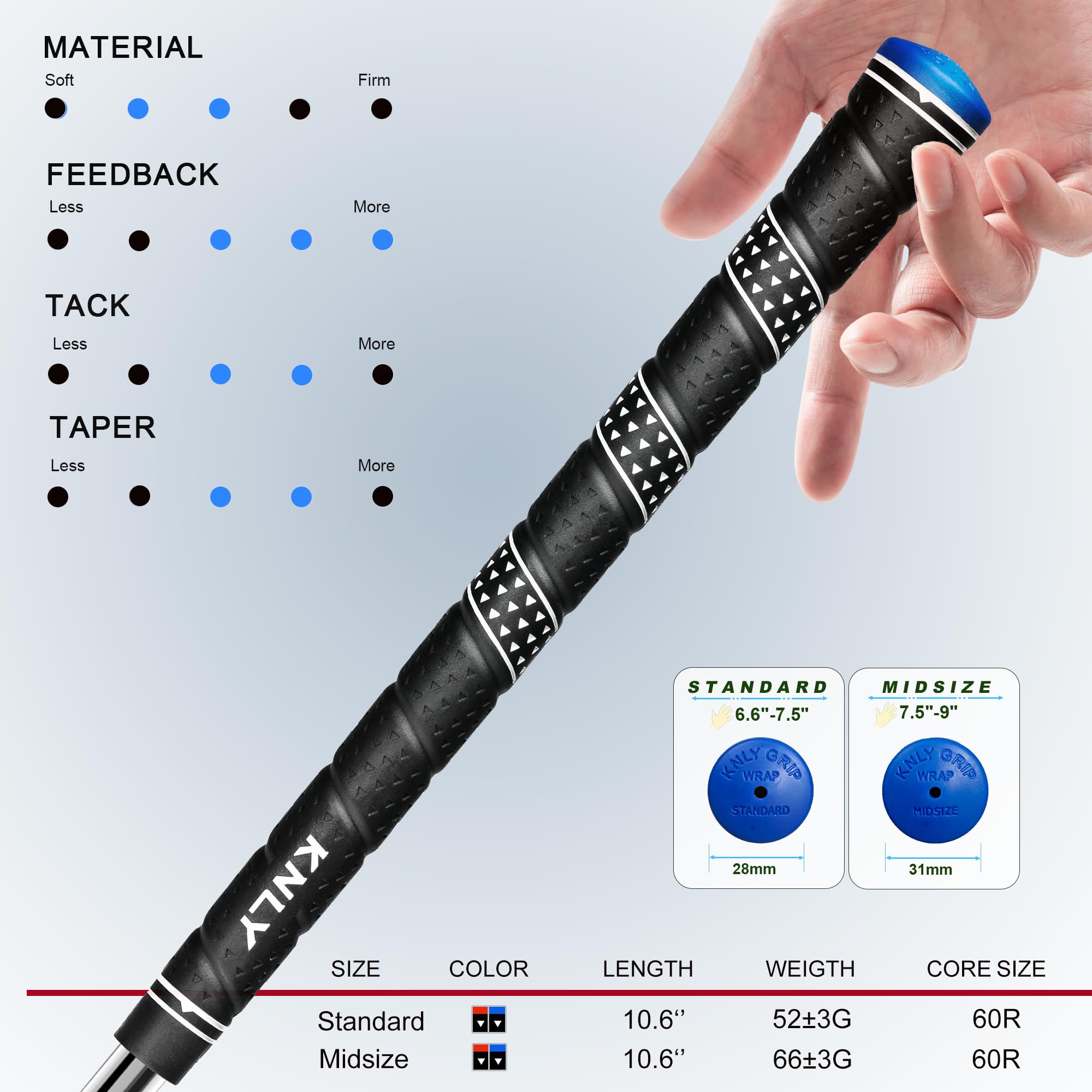 KNLY Wrap Golf Grips - Juego de 13 empuñaduras triangulares cóncavas con tecnología de control de textura, agarre de goma para todo tipo de clima, tamaño estándar/mediano, 13 empuñaduras con 15 cintas