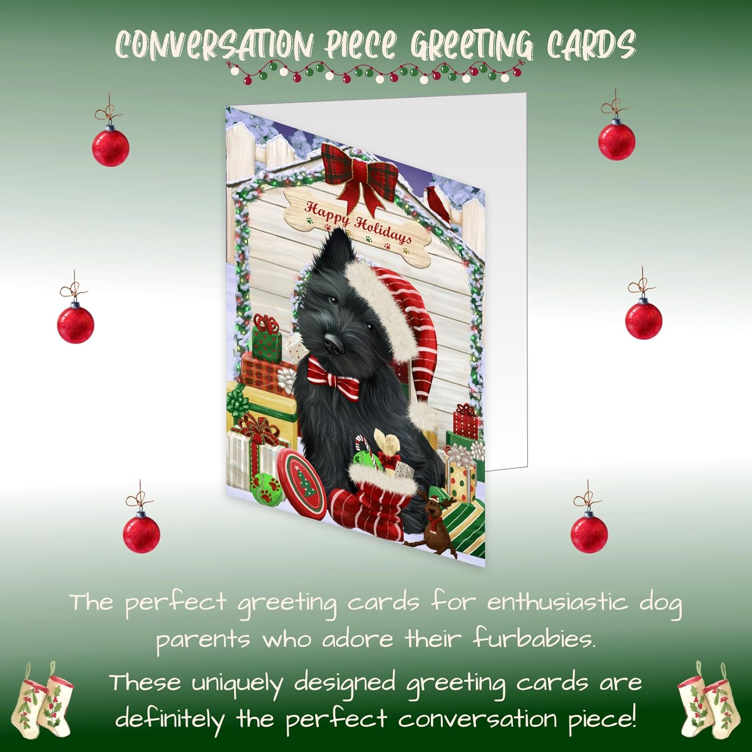 Christmas House with Presentes Scottish Terrier Dog Greeting Cards - Adorable Pets Invitation Cards with Envelopes - Pet Artwork Christmas Greeting Cards GCD58511 (10 Greeting Cards)