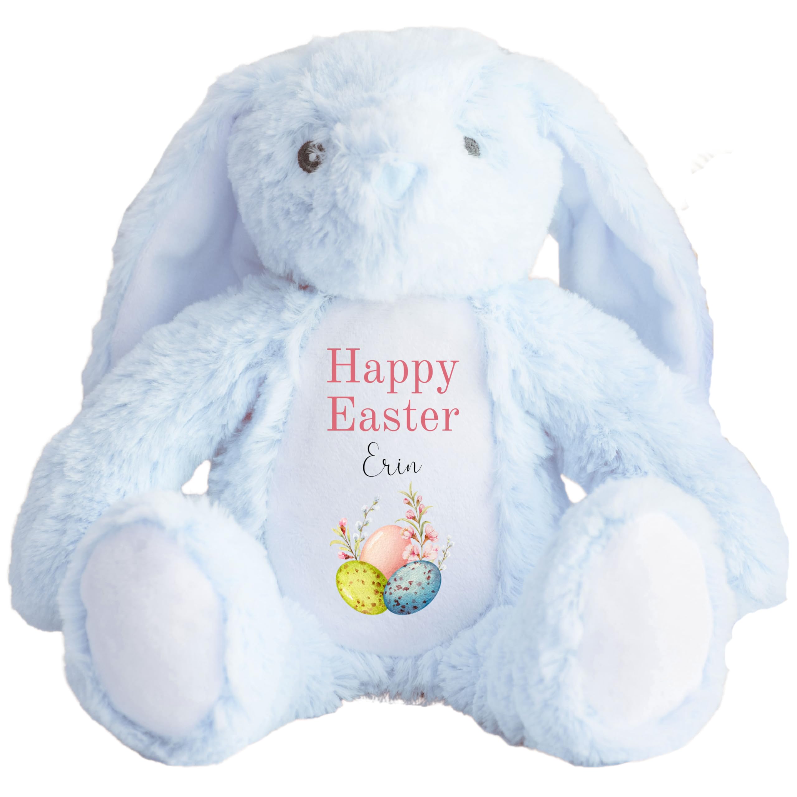 HotScamp Personalised Easter Bunny with Name - 3 Happy Easter Egg Pink - Soft Toy for Baby, Toddler, Children, Kids, Babies Spring Time - Pink Letter Blu Bunny