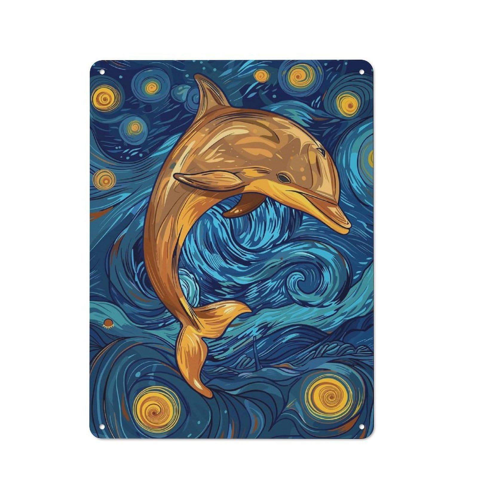Junmoney Dolphin In Starry Night Style Vintage Tin Sign 40X30cm With For Kitchen Or Home Bar, For Retro Home Interiors, For Cafés, Pubs And Restaurants