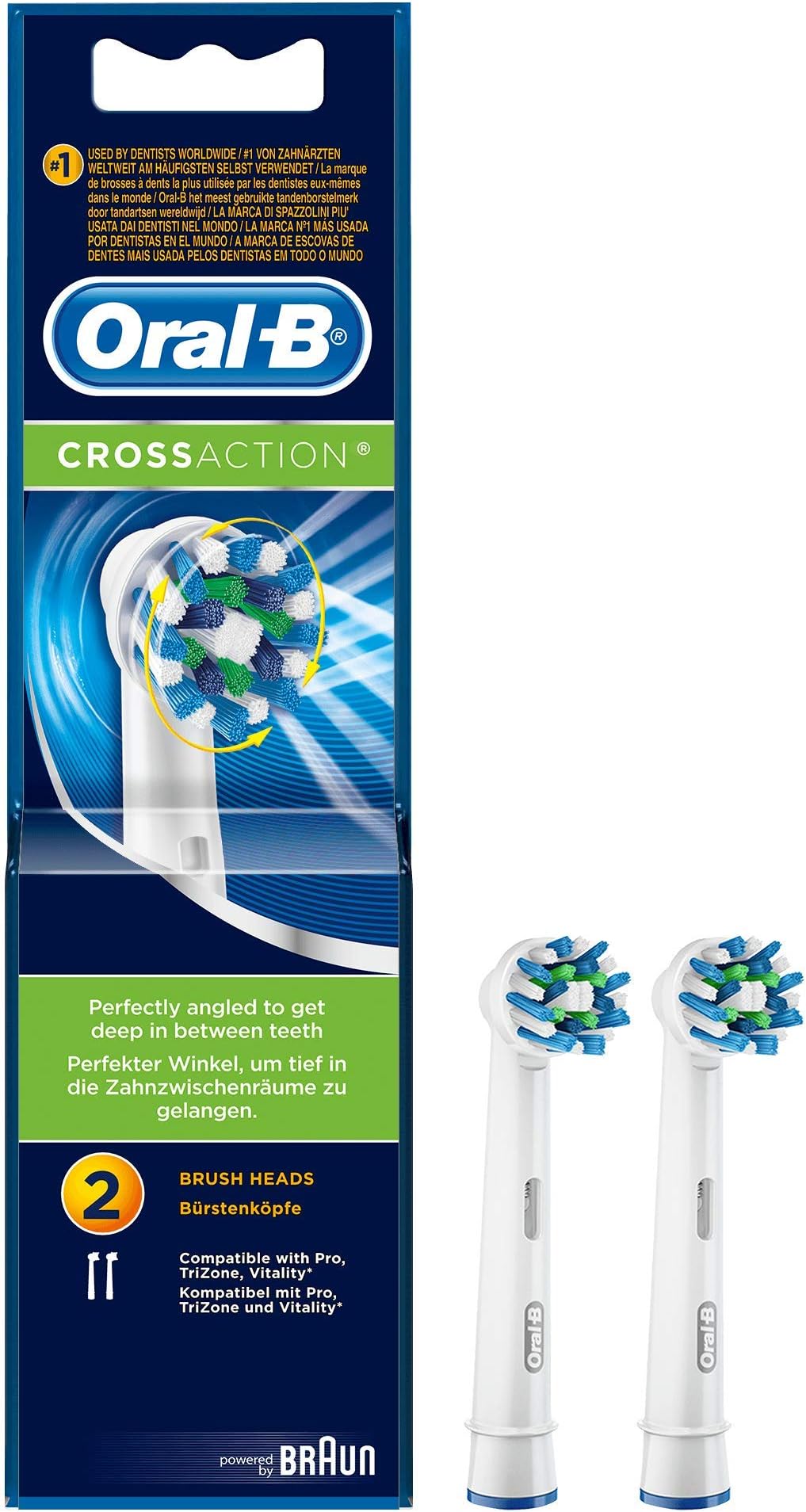 CrossAction Toothbrush Heads Pack Of 2 Replacement Refills For Electric Rechargeable Toothbrush