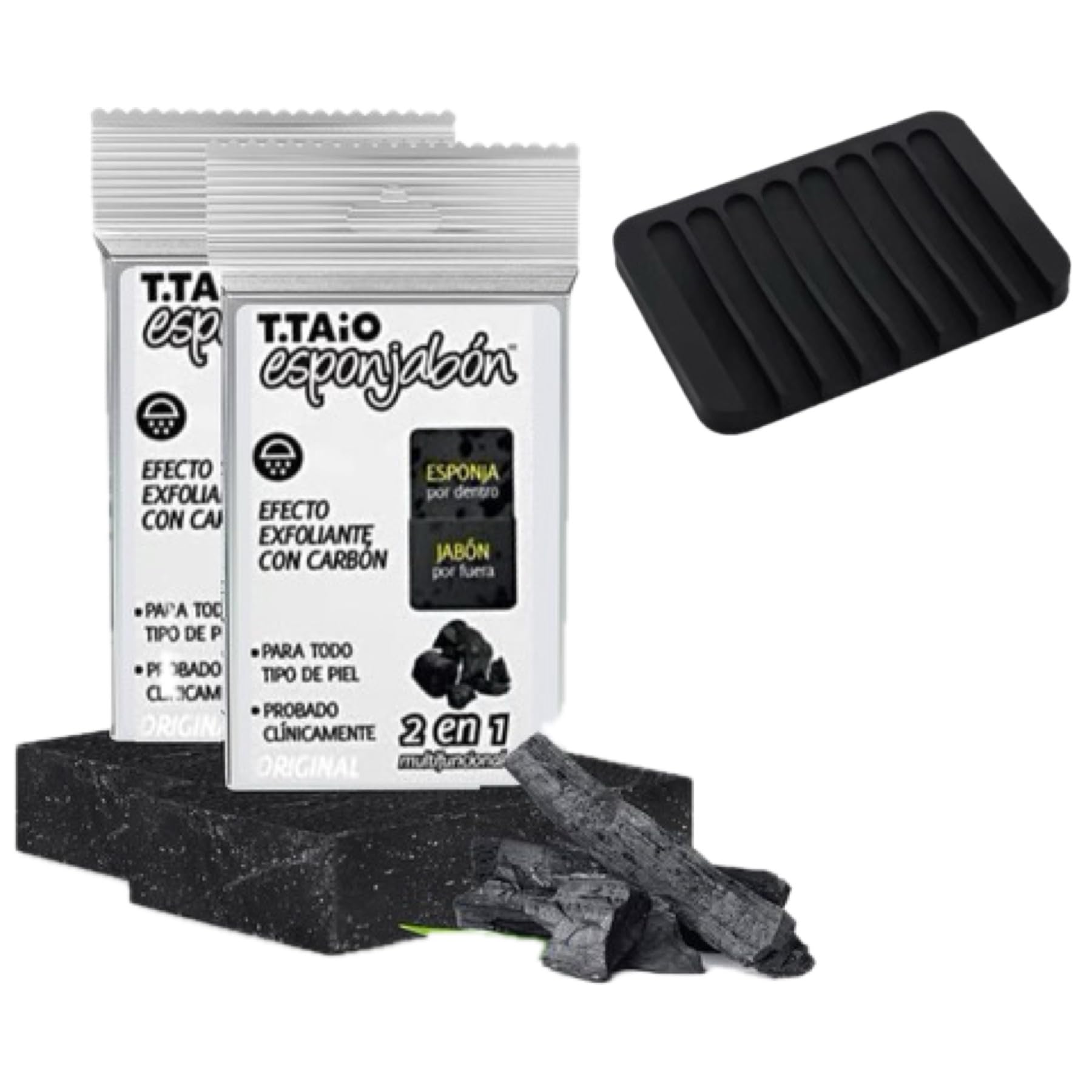 M & X PRODUCTS T.Taio Esponjabon Charcoal Soap Sponge 2-Pack Plus Soap Tray (Black, Modern Style, Synthetic Material, Solid Form)
