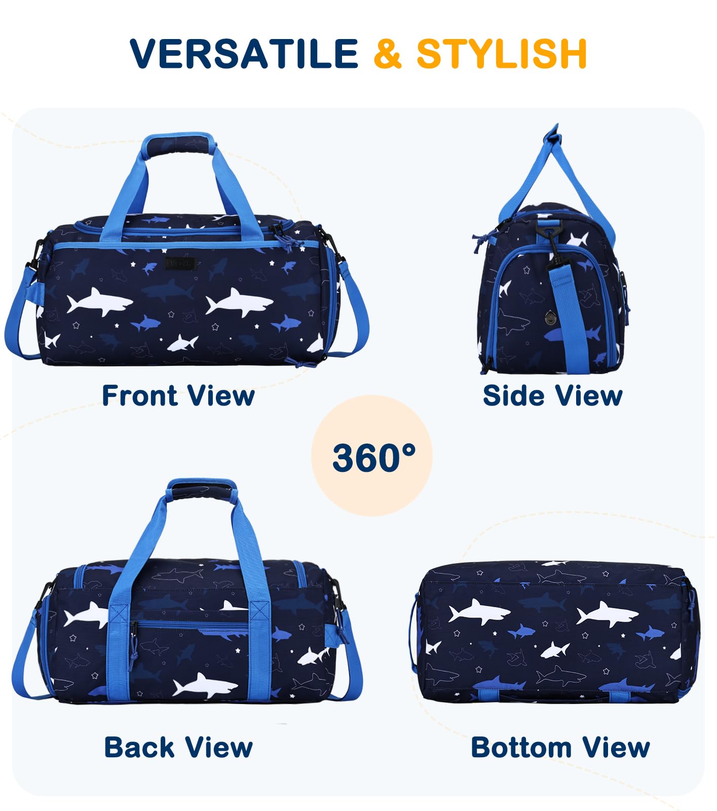 VASCHY Bolsa de Deporte Niño, Bolsa de Viaje Infantil Ligera Bolsa Gimnasio Piscina con Compartimento Zapatos, Tiburon Azul