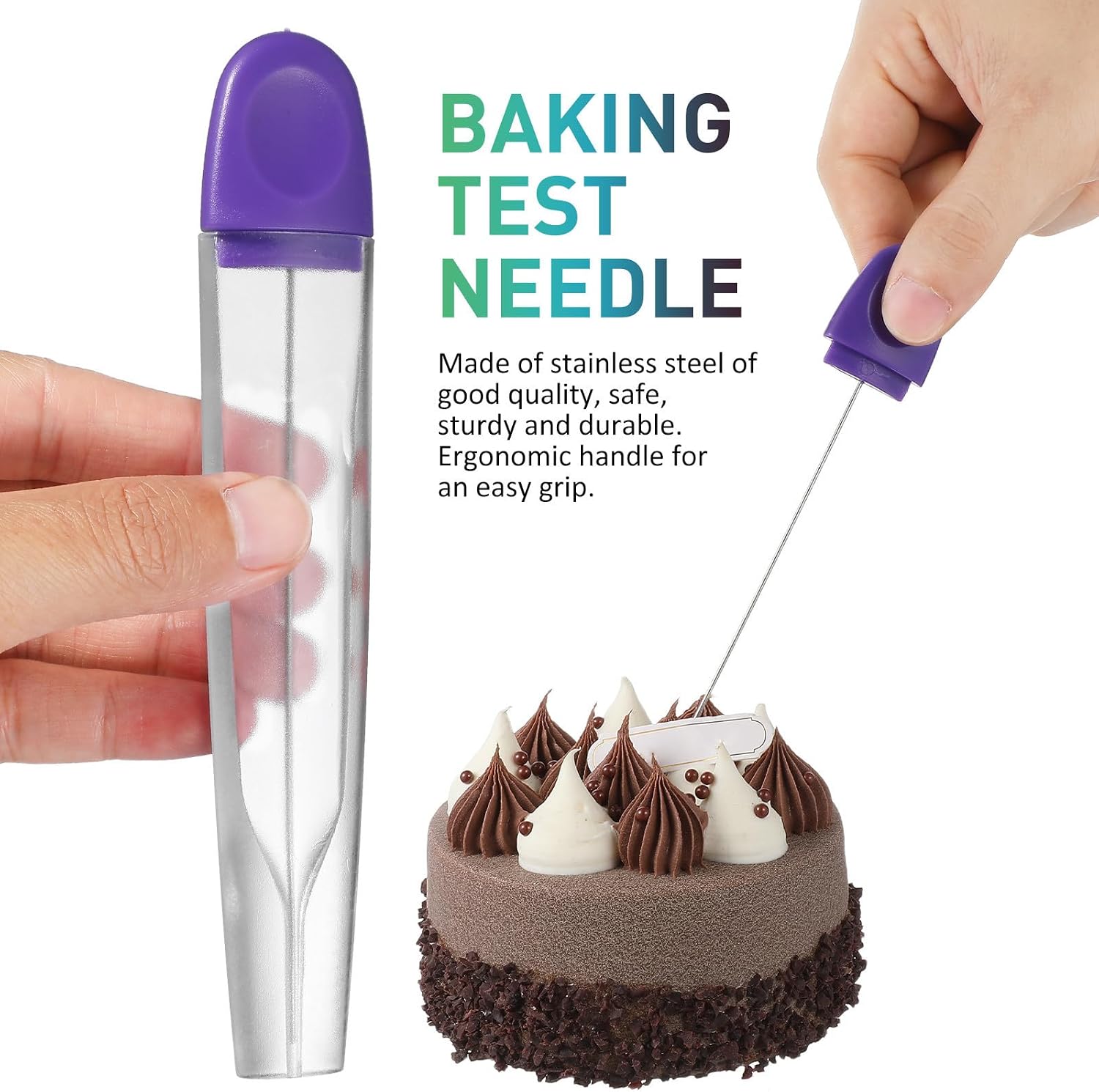 2pcs Cake Testing Needles with Ergonomic Handle and Foolproof Cake Testing, Stainless Steel and Abs Material Baking Tester Sticks for Home Kitchen Baking and Pastry Random Color