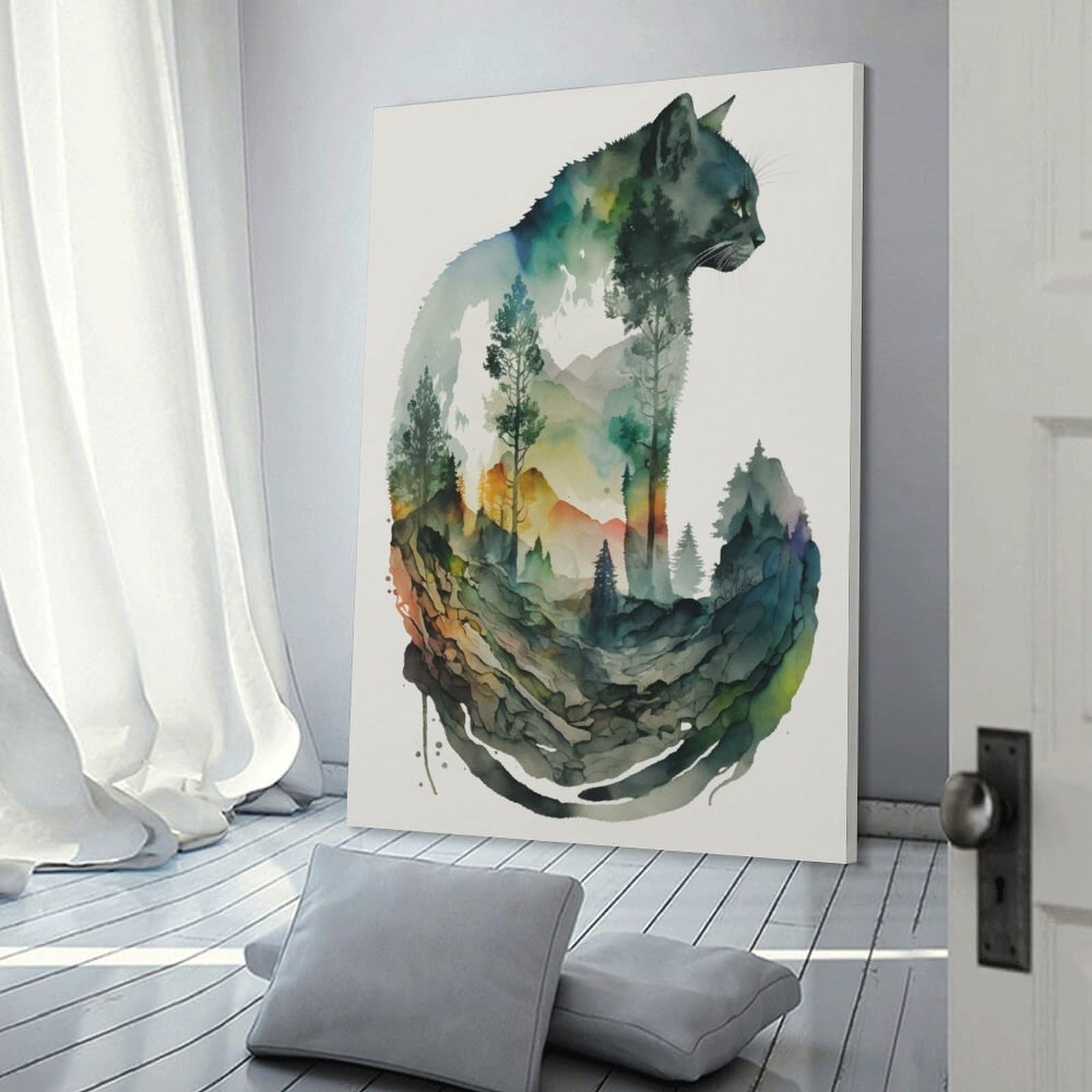 Junmoney Forest Cat Silhouette Art Print Canvas Wall Art 20x30inch(50x75cm), for Wall Displays, Bedrooms Or Room Updates, Ideal for Building A Coordinated Art Wall
