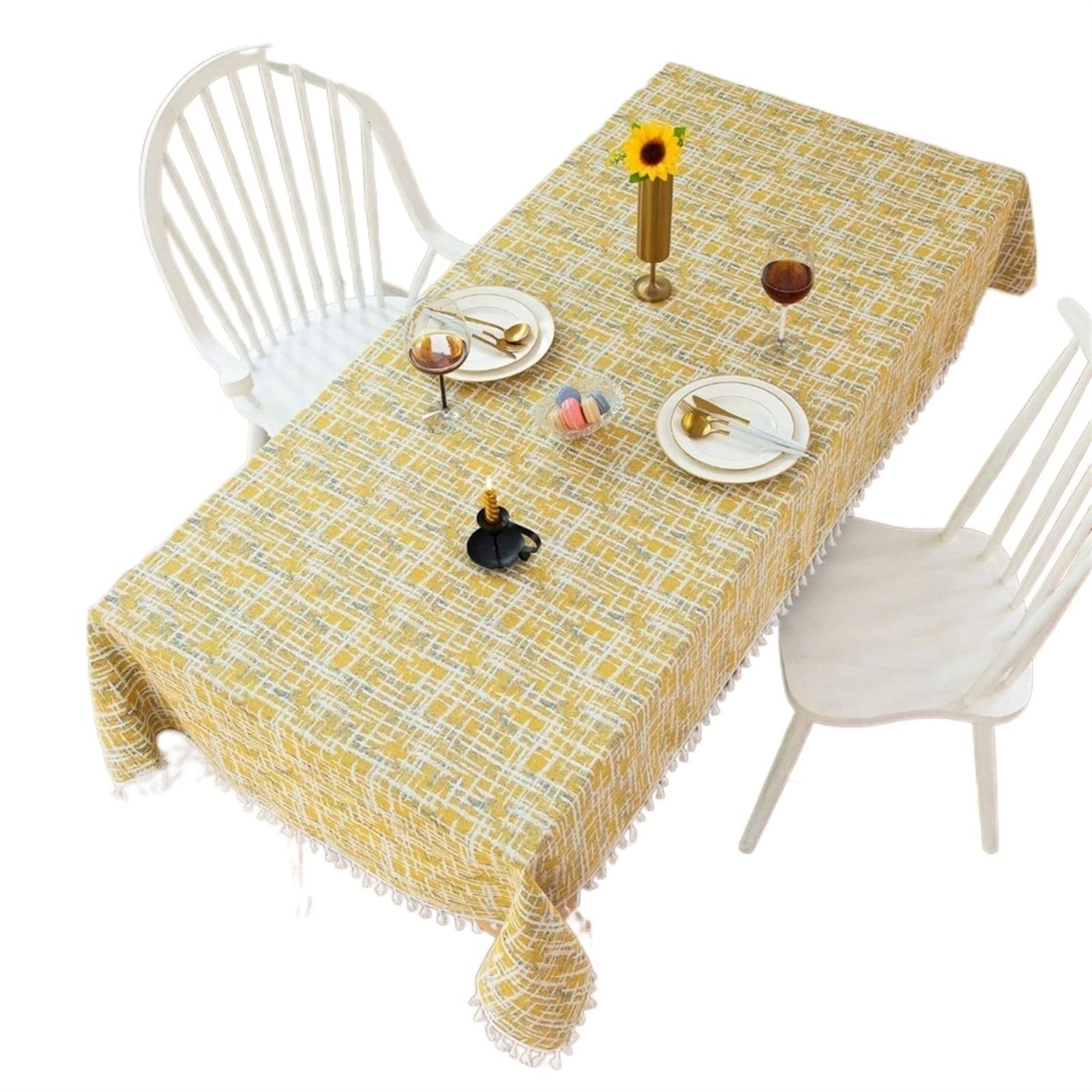 JINGYAN Tablecloths Embroidery Decorative Linen Tablecloth With Tassel Dustproof Thicken Rectangular Wedding Dining Table Cover Tea Cloth(140x200cm)