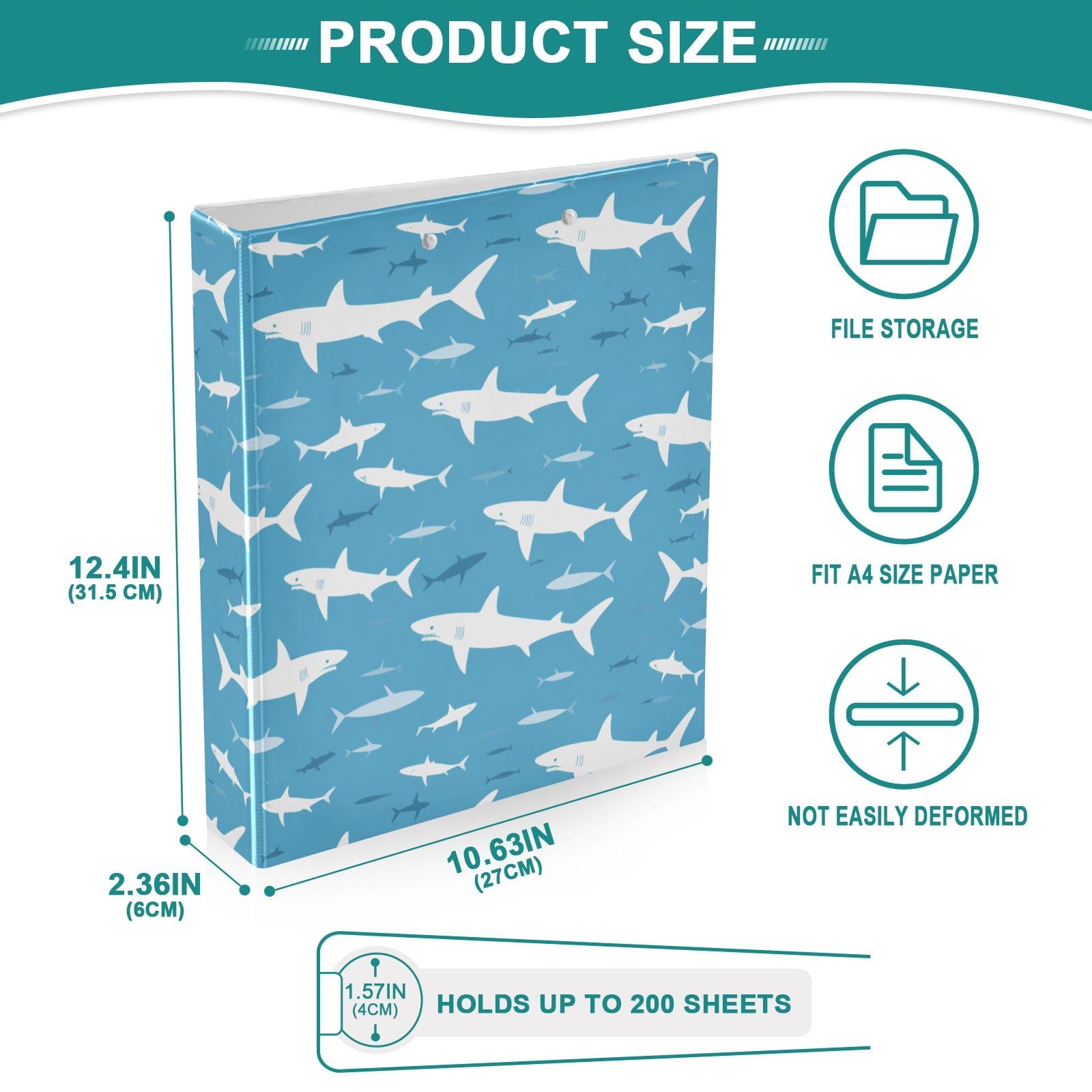 The White Shark - Raccoglitore a 3 anelli, 3,8 cm, contiene 200 fogli con 3 tasche interne in PVC trasparente, per scuola e ufficio
