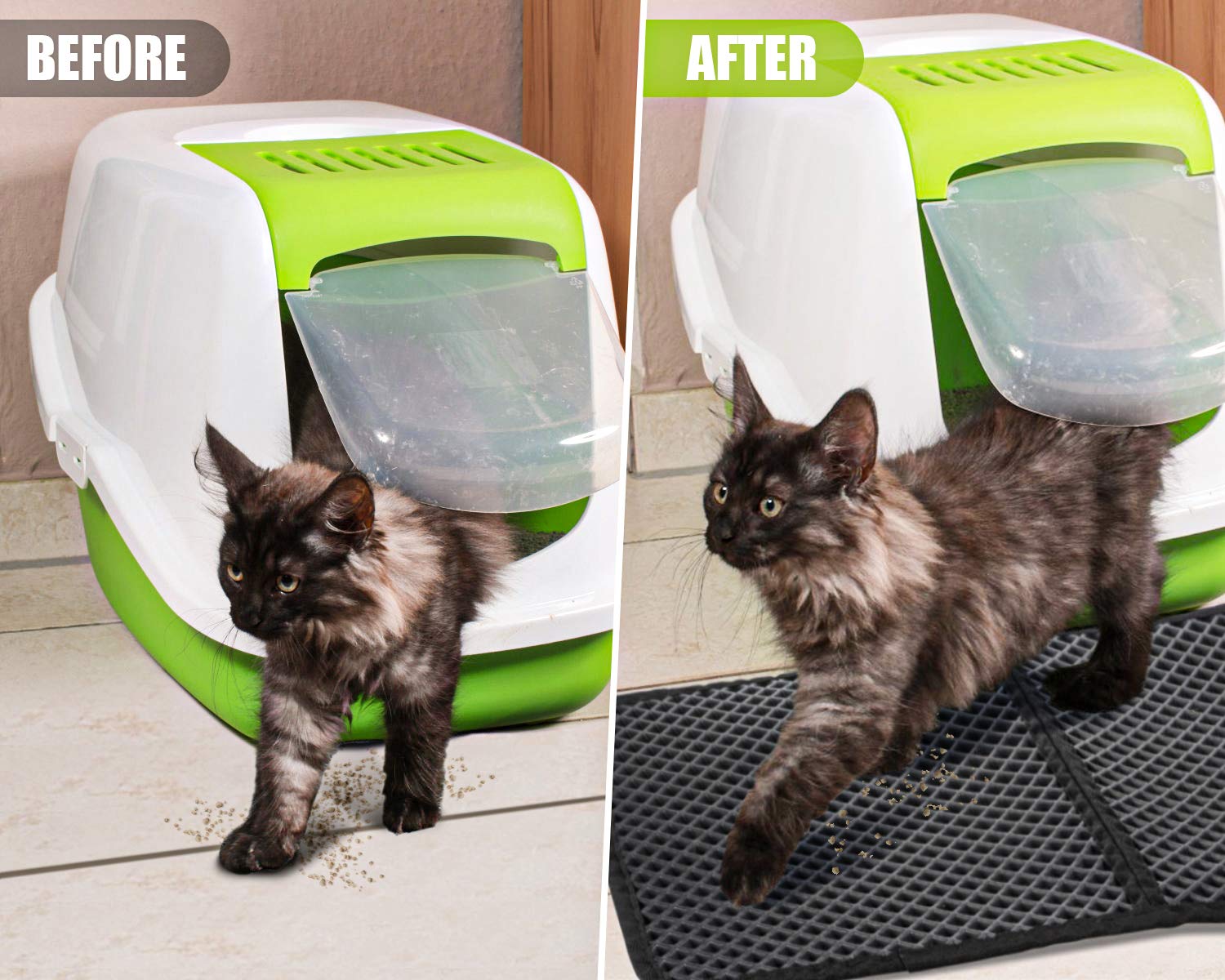 Pecute Tappetino Lettiera Gatto (60 * 42cm,Nero), Tappetino Sabbia Gatto Utilizzato in Varie Lettiere, Doppio Strato Tappetini Igienici con Grandi Fori, Impermeabile e Antiscivolo, Facile da Pulire