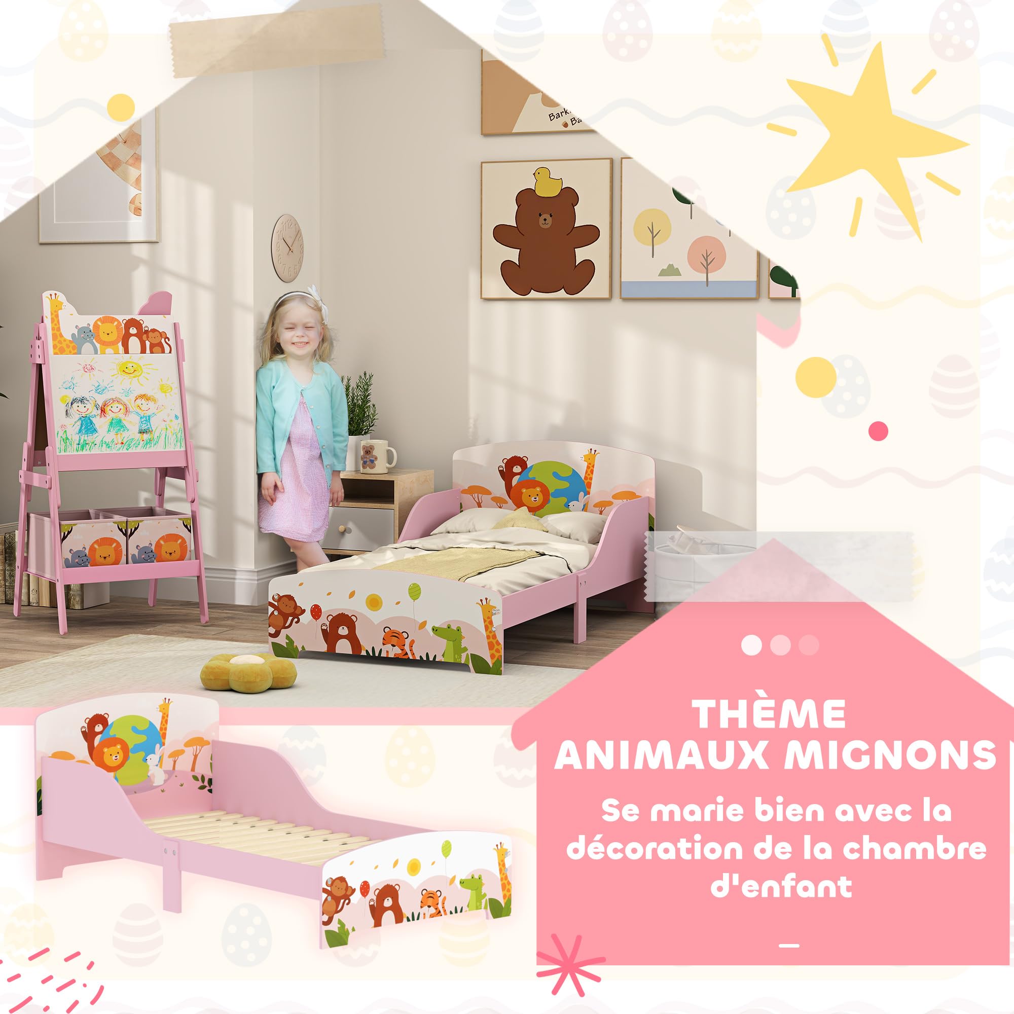 AIYAPLAY Lit Enfant 70x140 cm, Motif Animal, 140 x 70 cm avec Panneaux de Protection latéral Haut et sommier à Lattes en Bois, Design Bas sécurisé, Facile à Monter, Rose