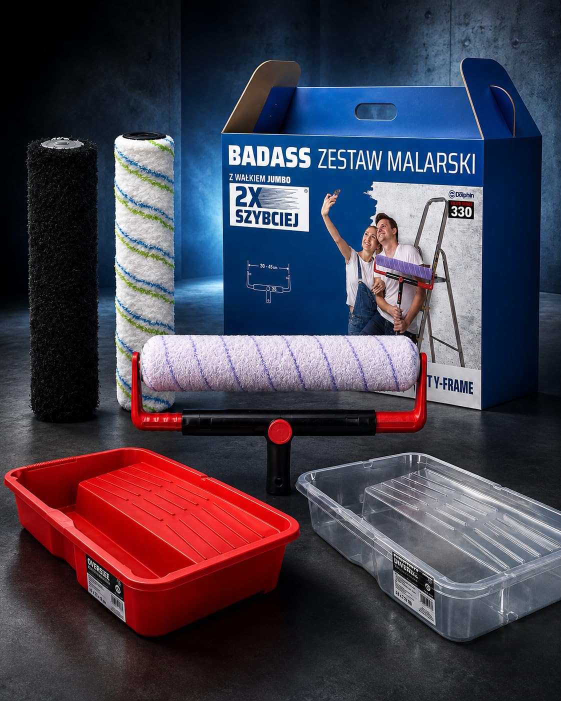 BLUE DOLPHIN Malerset 37 cm Farbroller Set mit Y Frame Teleskopbügel 4 L Farbwanne Farbwalze Spachtelwalze Black Nylon und Mikrofaser für Wände Decken Renovierung