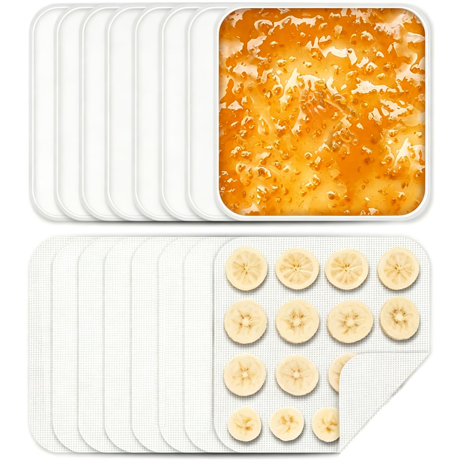 8er Silikon Dörrfolie & 8er Mesh Dörrnetz Set, Antihaft Dehydrator-Blätter mit Rand, BPA-Frei & Wiederverwendbar, Fruchtleder Matte für Dörrautomat, Flüssigkeiten, Kräuter, Fleisch, 28x28 cm