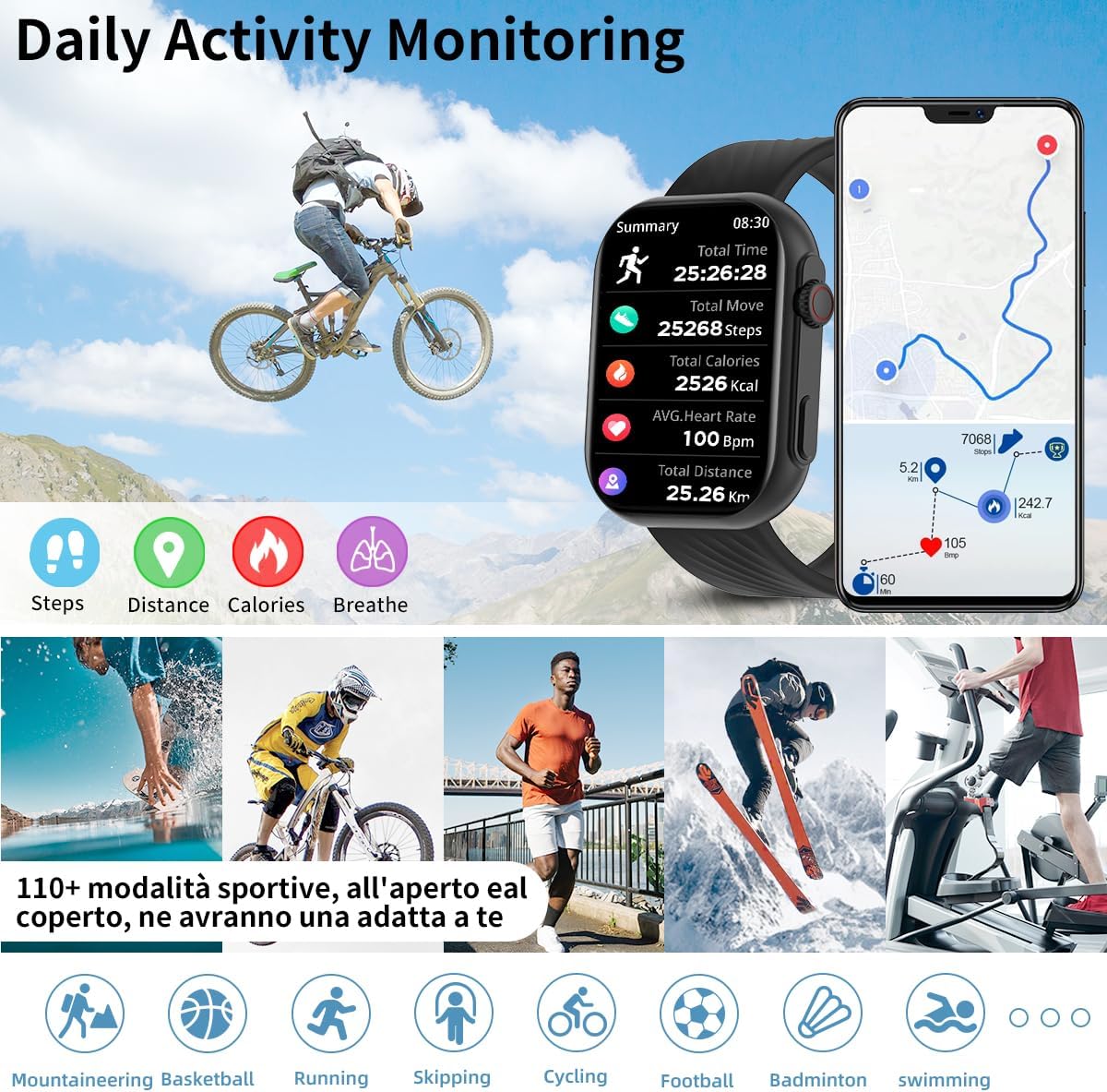 Smartwatch con Chiamata Bluetooth e Risposta Vivavoce, Impermeabile Orologio Fitness da 2,01 Cardiofrequenzimetro Cronometro Monitoraggio Sonno Notifiche Messaggi Assistente Vocale per Android/iOS