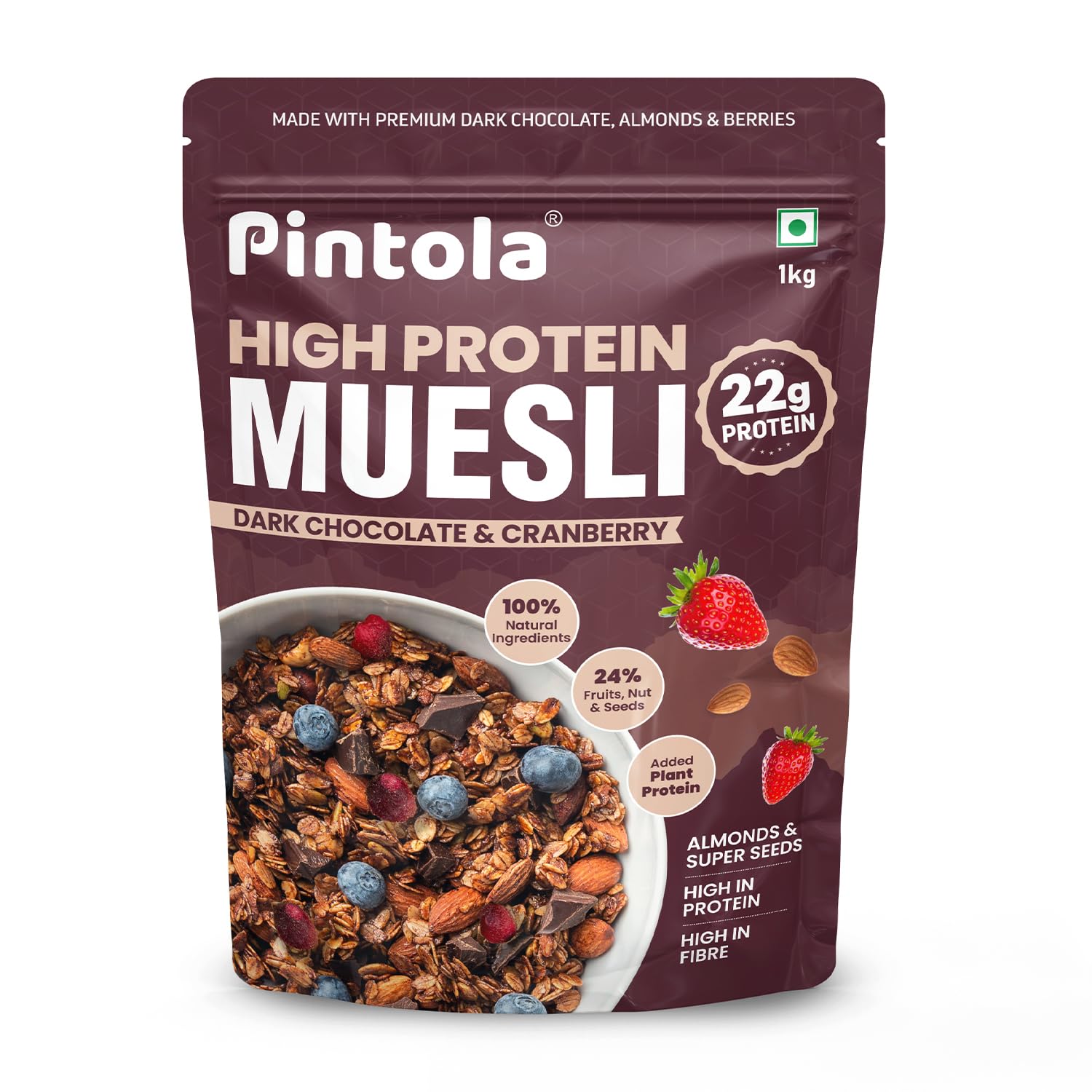 Pintola High Protein Muesli Dark Chocolate & Cranberry 1kg, 22g Protein, High Fibre, Trans Fat Free with Brown Sugar, Real Fruits, Muesli for Breakfast Food, Muselies Fruit Nuts and Seeds 1 kg (B0D86WGZQ3) Amazon Price History, Amazon Price Tracker