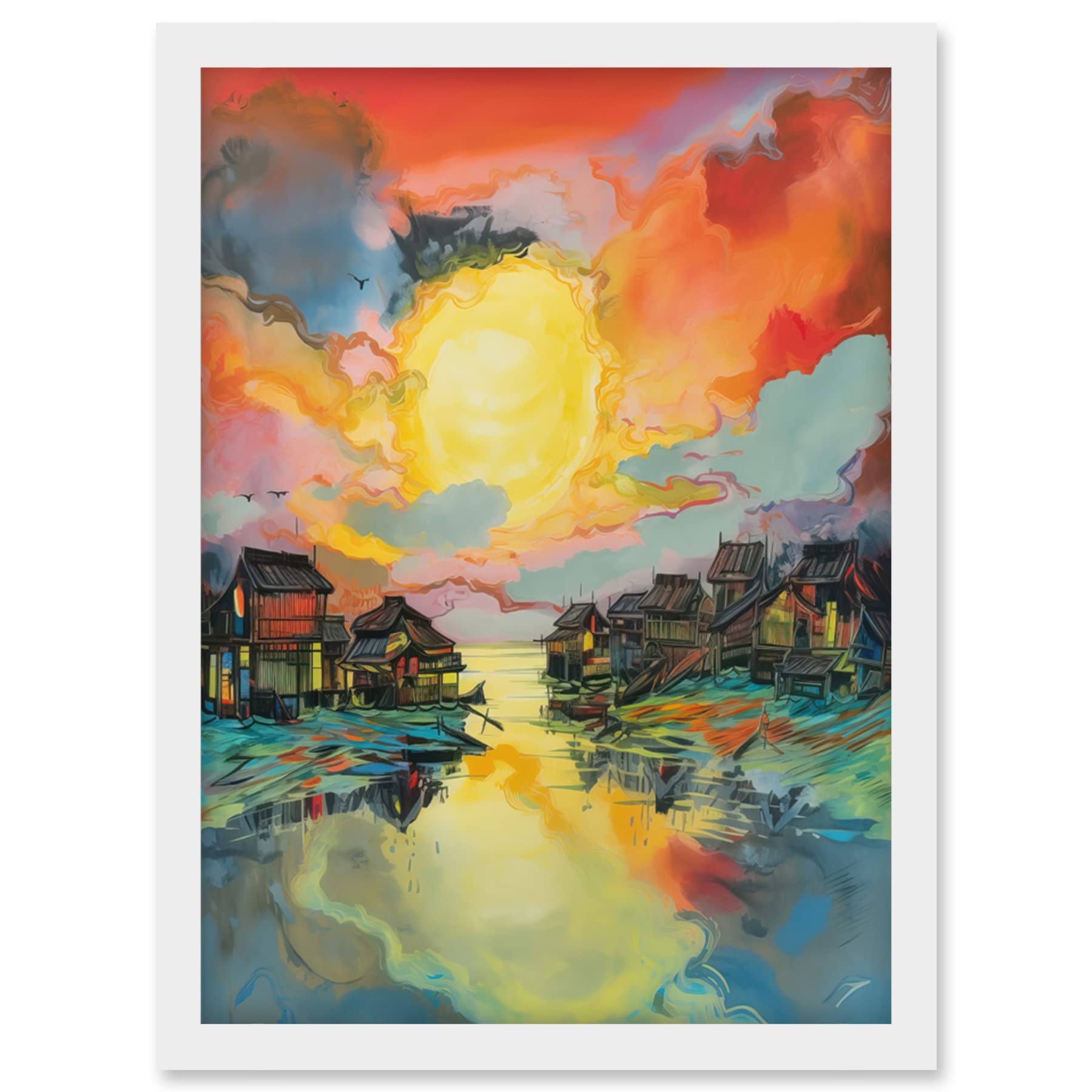 Artery8 Atmospheric Clouds Over Mono Lake Fishing Village at Dawn Modern Watercolour Painting Artwork Framed Wall Art Print A4