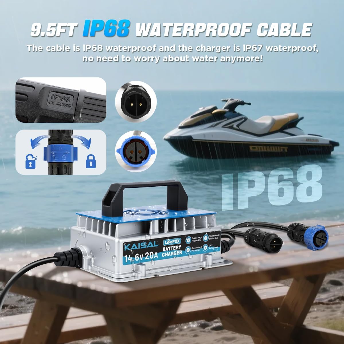 12V 20A Lithium Battery Charger 14.6V LiFePO4 Battery Charger IP67 Waterproof & 0V Wake Up 12 Volt Lithium Charger with 8 Protection for 12.8V LiFePO4 Battery of RV, Marine, Solar, Trolling Motor,Home