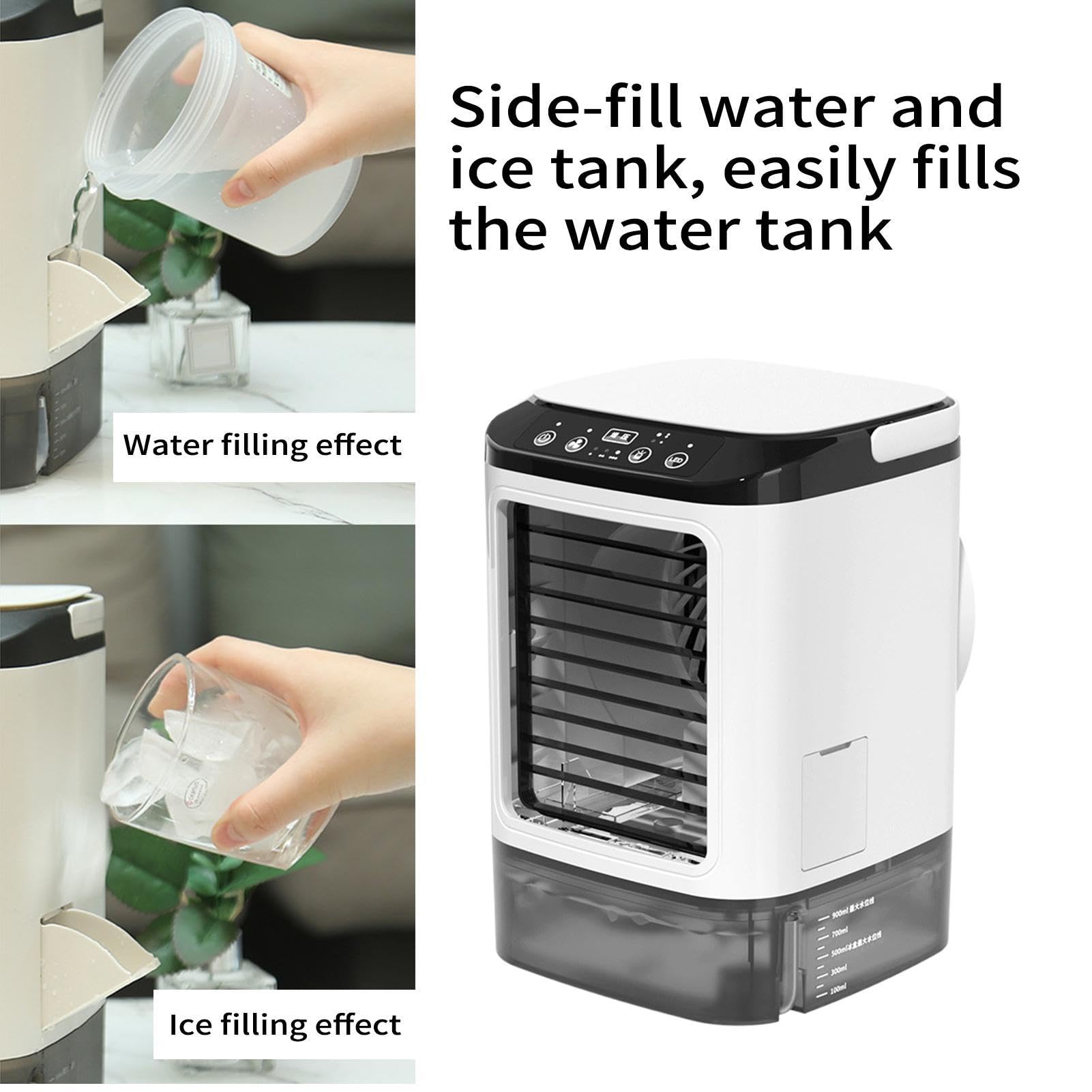 Condizionatore Portatile, Raffrescatore Evaporativo 4-in-1 | Mini Ventilatore da Tavolo Silenzioso con 3 Velocità, 2 Spray, Serbatoio 900ml, Luce LED e Stampo Ghiaccio per Ufficio Casa