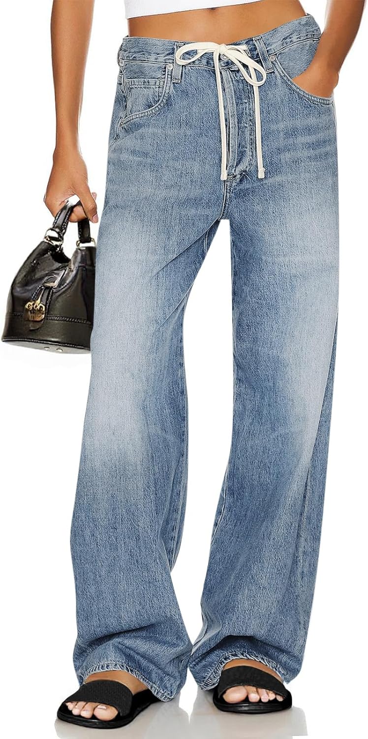 Cicy Bell Womens Wide Leg Jeans Drawstring High Waisted Baggy Straight Leg Jeans Trendy Boyfriends Denim Pants with Pockets