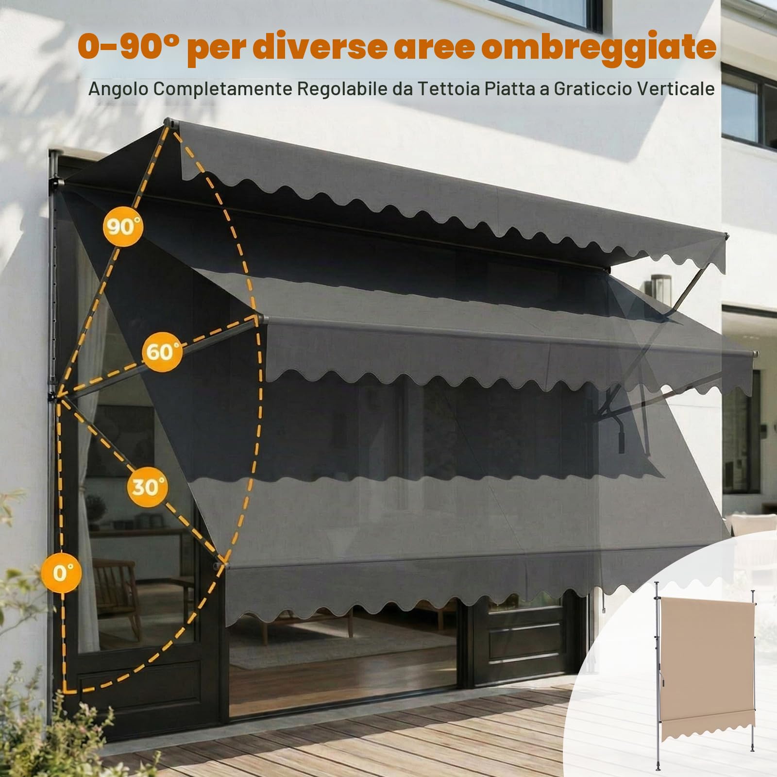 LIFERUN Tenda da Sole Senza Foro,250 x 120cm,A Manovella,per Balcone,Grigio | Inclinazione Regolabile,Impermeabile,Protezione UV,Protezione Privacy,Alluminio,Rivestimento in PU,Terrazzo,Portafinestra