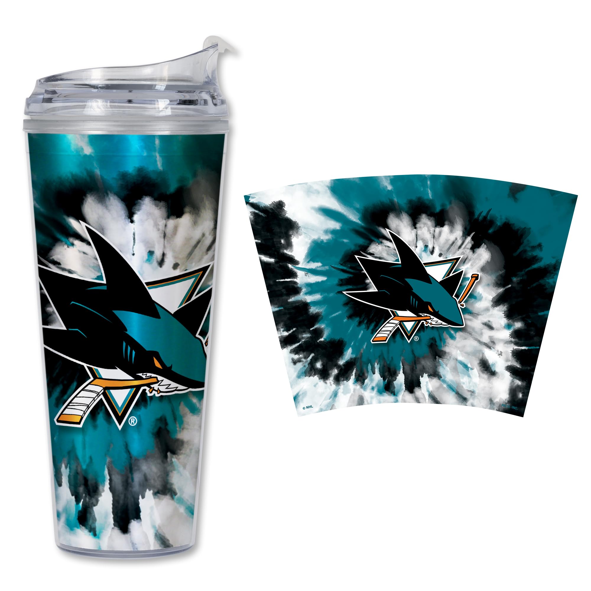 Rico Industries NHL Hockey Team Color Tie Dye 24oz Metallic Acrylic Tumbler with Hinged Lid, Officially Licensed Double Wall Tumbler with Straw
