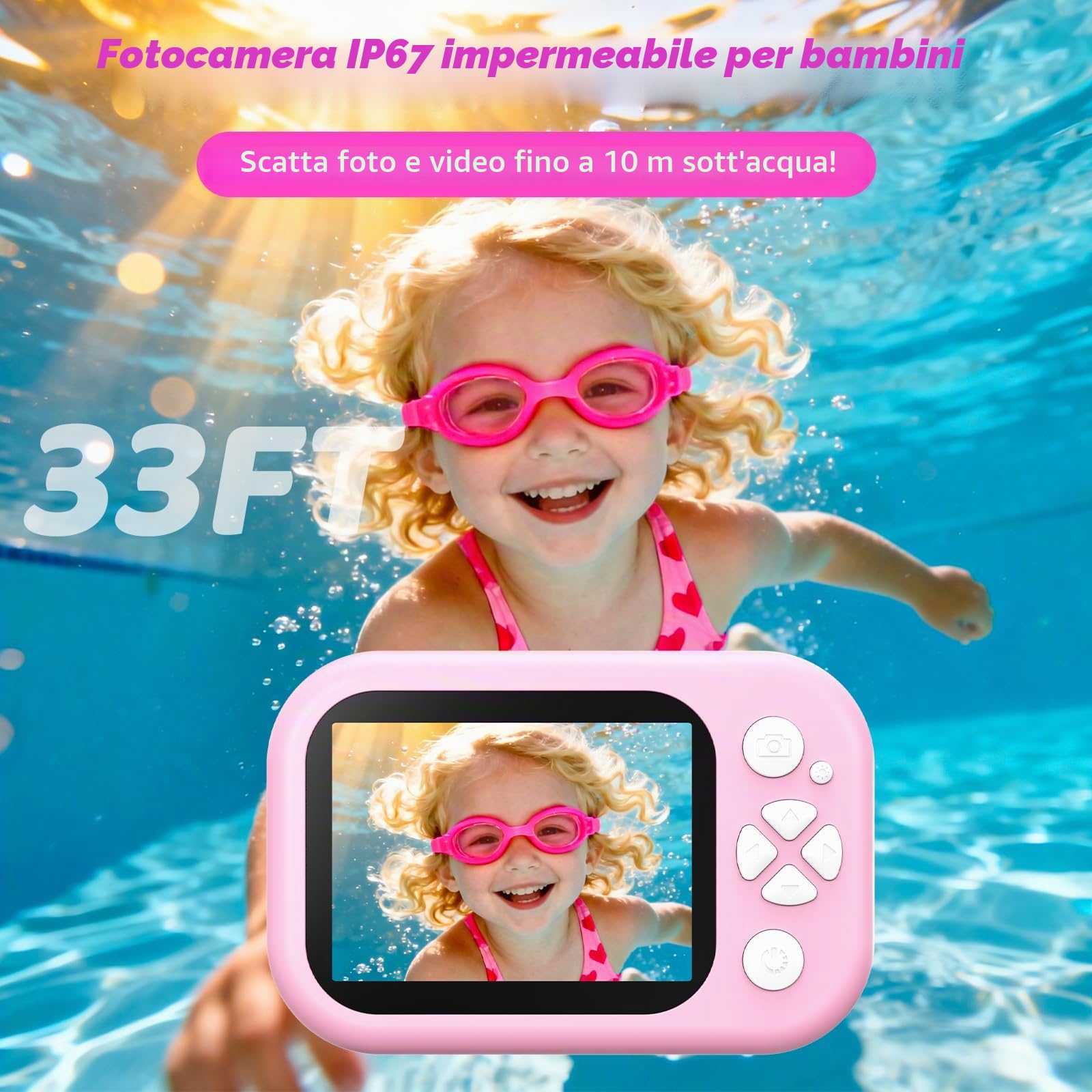 Fotocamera per Bambini, 48MP 1080P Macchina Fotografica Subacquea Impermeabile Digitale Bambini con 2,4 Pollici Schermo Scheda TF Flash LED, Regalo Giocattolo per Bambina e Bambino 3-12 Anni, Rosa