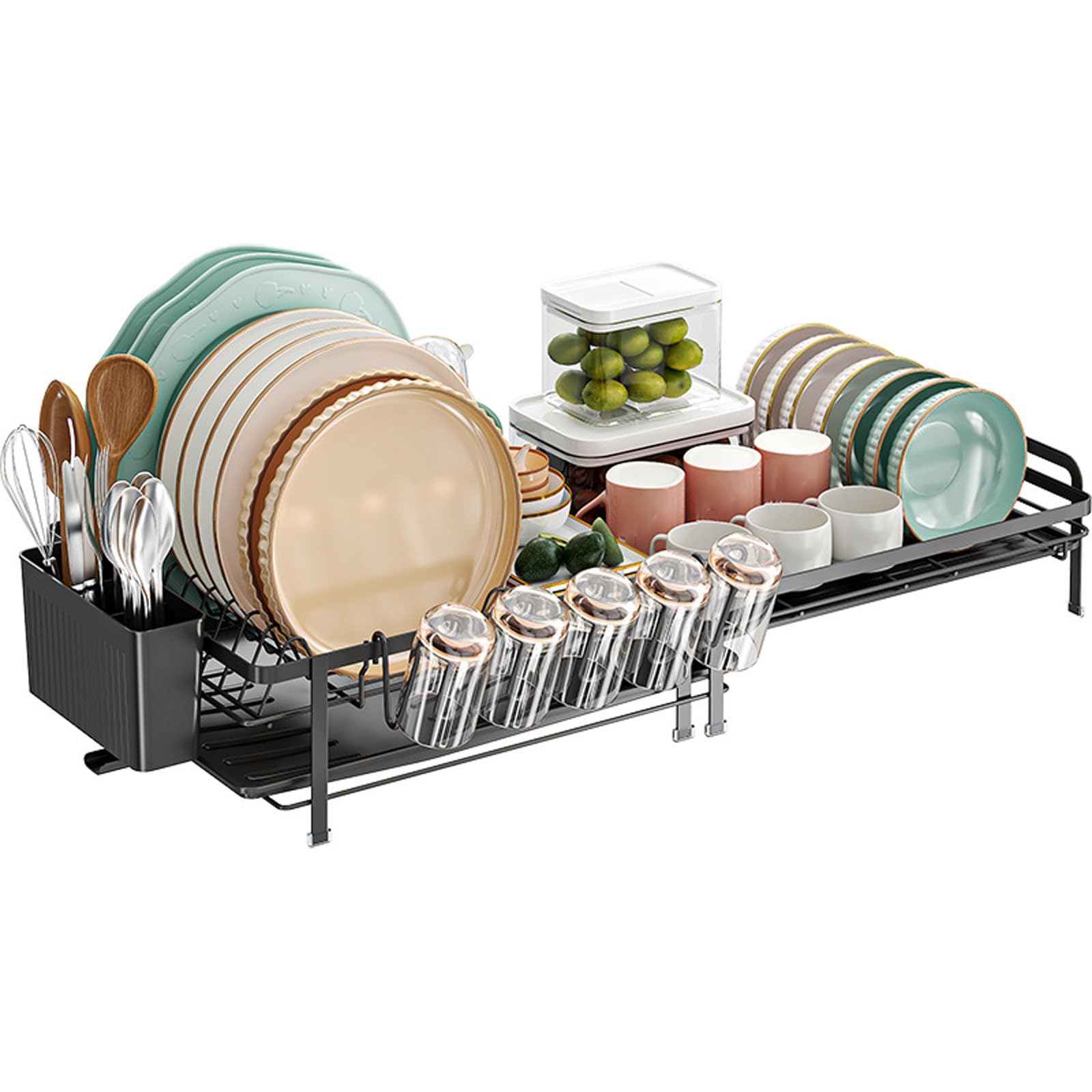 Escurreplatos Extensible 41-76cm,Escurridor Platos | Grande,en Acero al Carbono,Con Bandeja Recogegotas,Portacubiertos,Portavasos,Boquilla Extensible y Giratoria 360° Organizador Cocina Fregadero