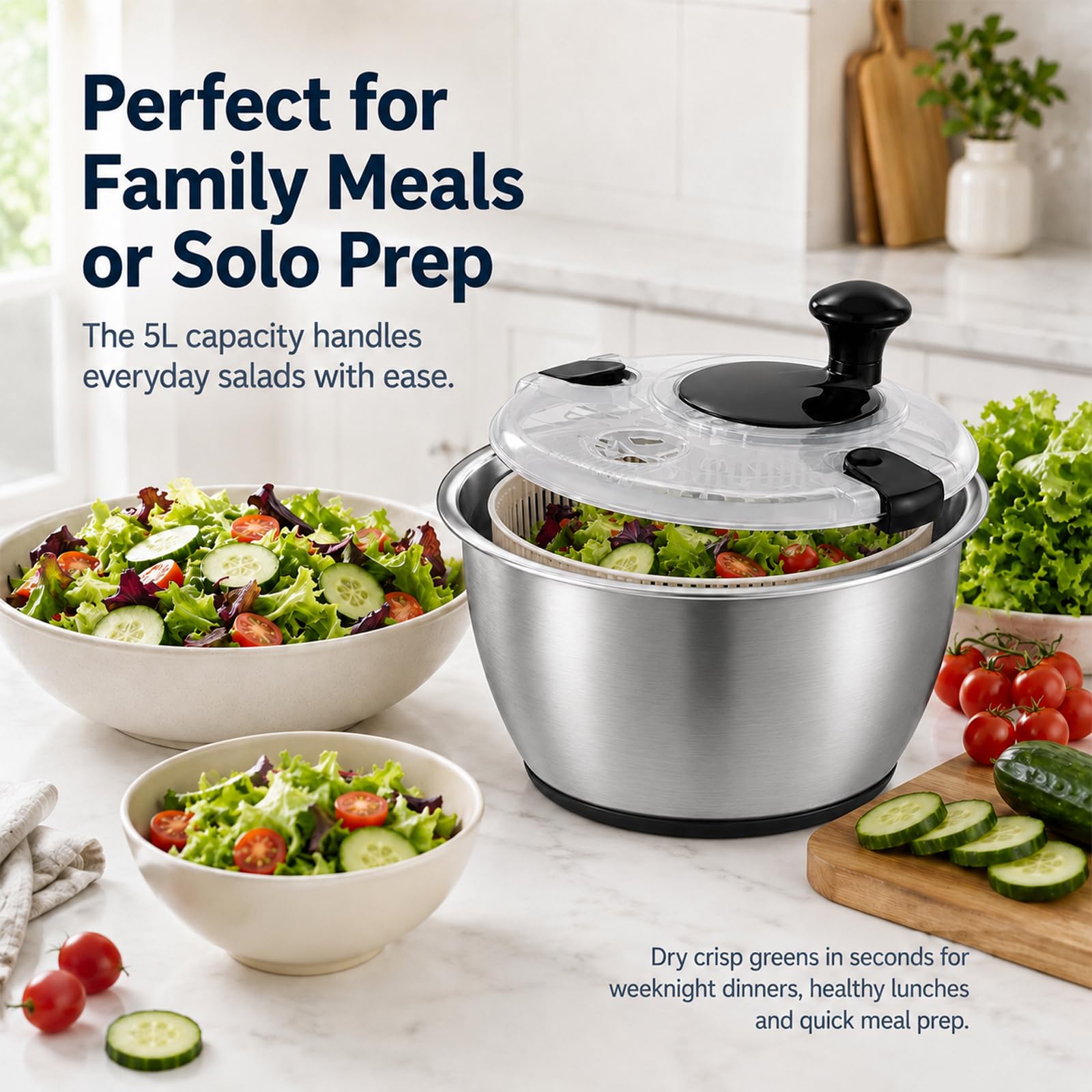 Centrifuga per insalata in acciaio inox, 5 l, con coperchio e beccuccio, antiscivolo, per insalata, verdure, frutta, lavabile in lavastoviglie, senza BPA, azionamento a manovella