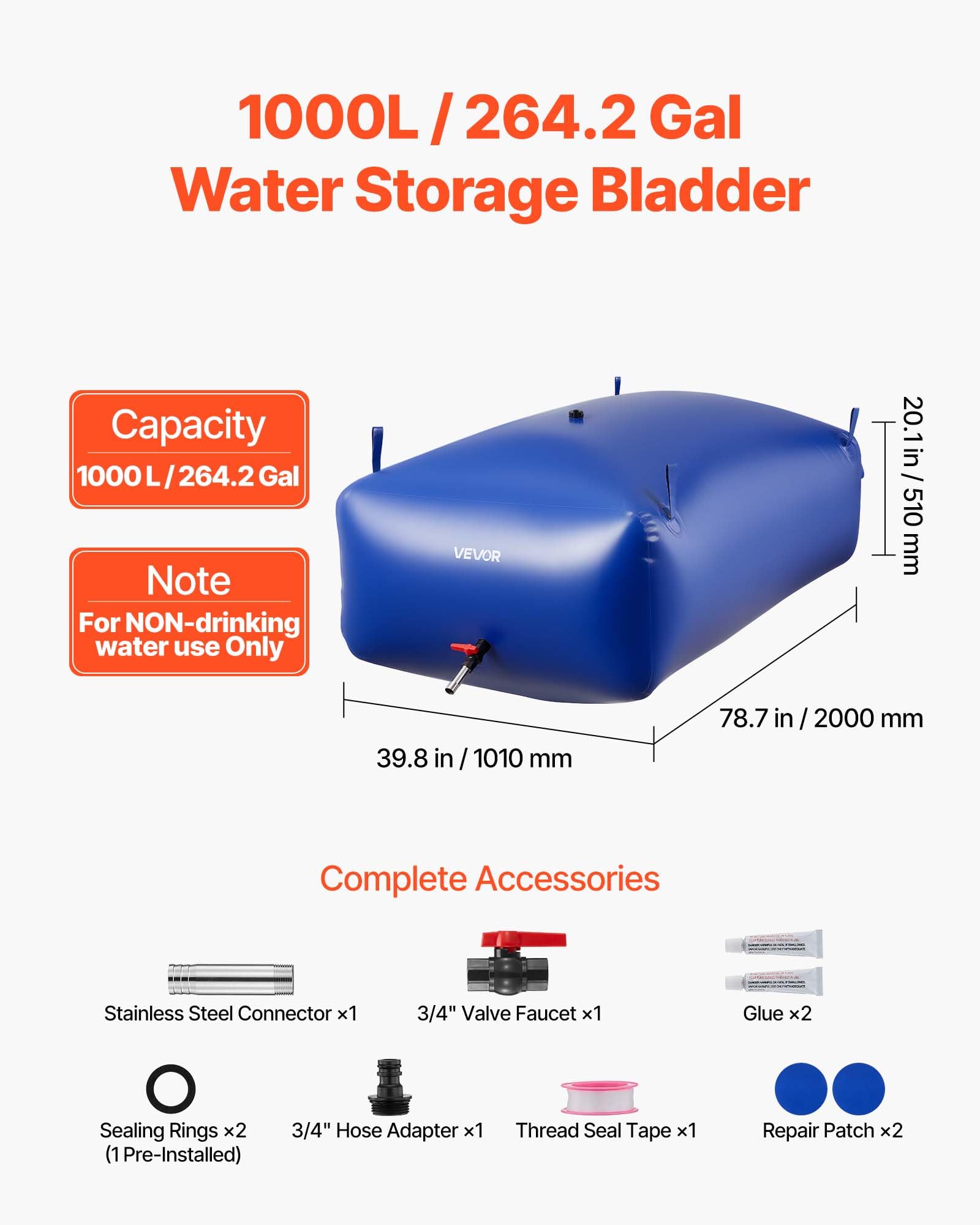 VEVOR Sacca di Stoccaggio dell'Acqua Capacità da 1000 L, Contenitore per Acqua Dolce Portatile Pieghevole, Serbatoio di Stoccaggio di Emergenza in PVC a Prova di Perdite e Antistrappo per Camper