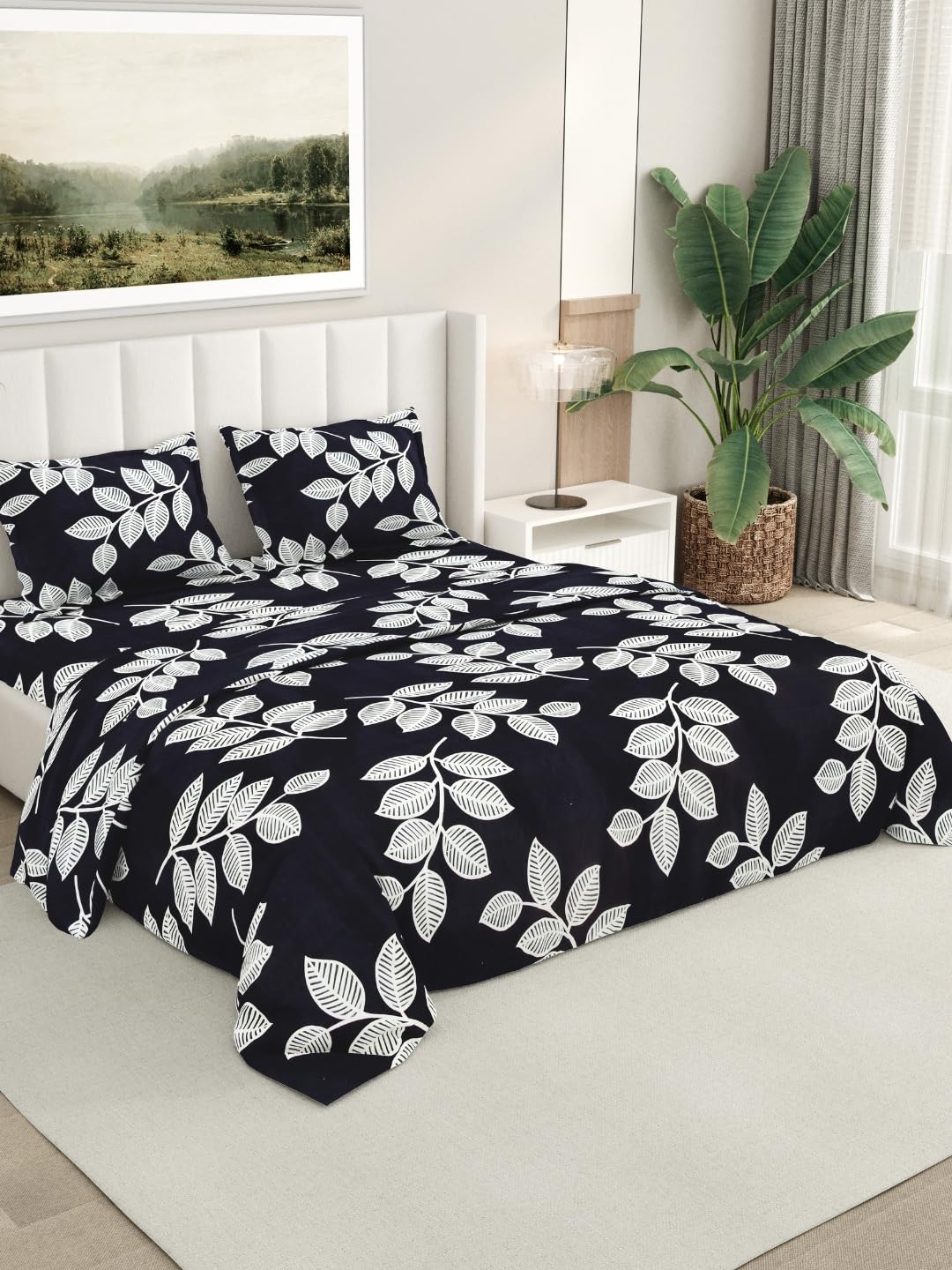 Rivermoor 200 TC Ultrasoft Bedsheet for Double Bed | Queen Size Bed Sheet with 2 Pillow Covers | Leaves Print | 88 x 96 Inches | Breathable & Hypoallergenic