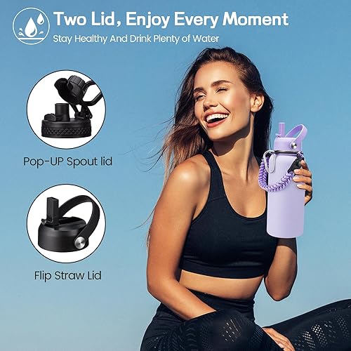 Miniatura 4 de Botella de agua aislada de 32 onzas  Frío-48 horas y caliente-24 horas, botella de agua de acero inoxidable con mango de paracaídas, tapas de popote