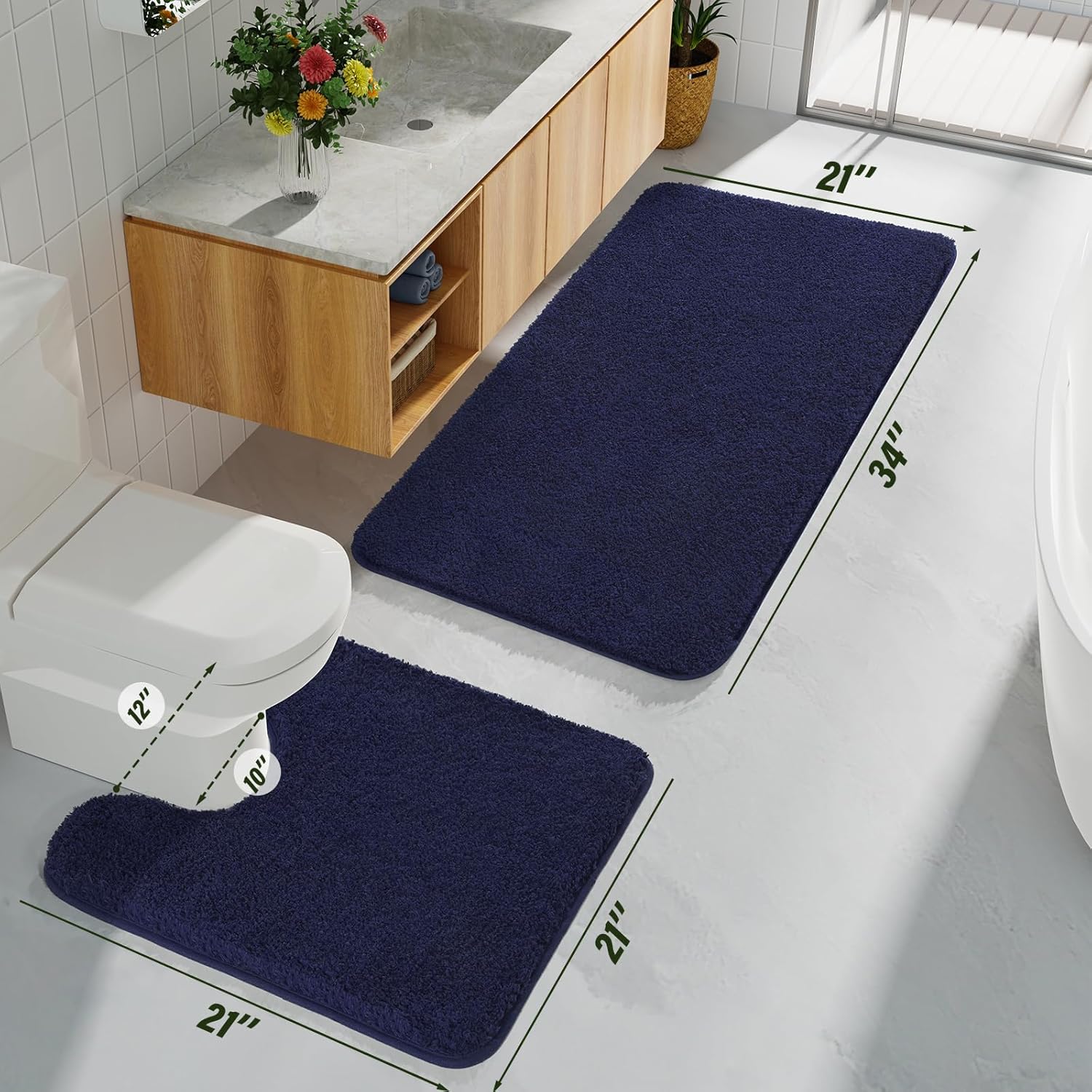 HOMORE Bathroom Rug Set 2 Piece,Soft Absorbent Bath Mats Set,Machine Washable Navy Blue Bath Rug Sets for Bathroom Non Slip,(21"x34"+21"x21") Plush Shaggy U Shape Contour Toilet