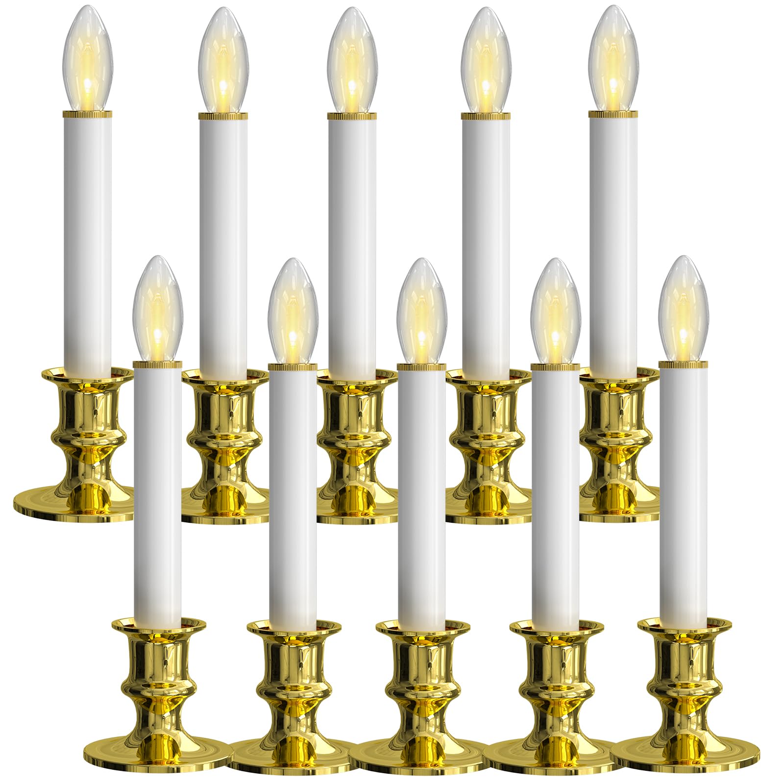 SUNSGNE Battery Operated Window Candles, Flameless Window Candles for Holiday Home Table Christmas Decor, C26 3V LED Bulbs, 10 Pack, Gold Base