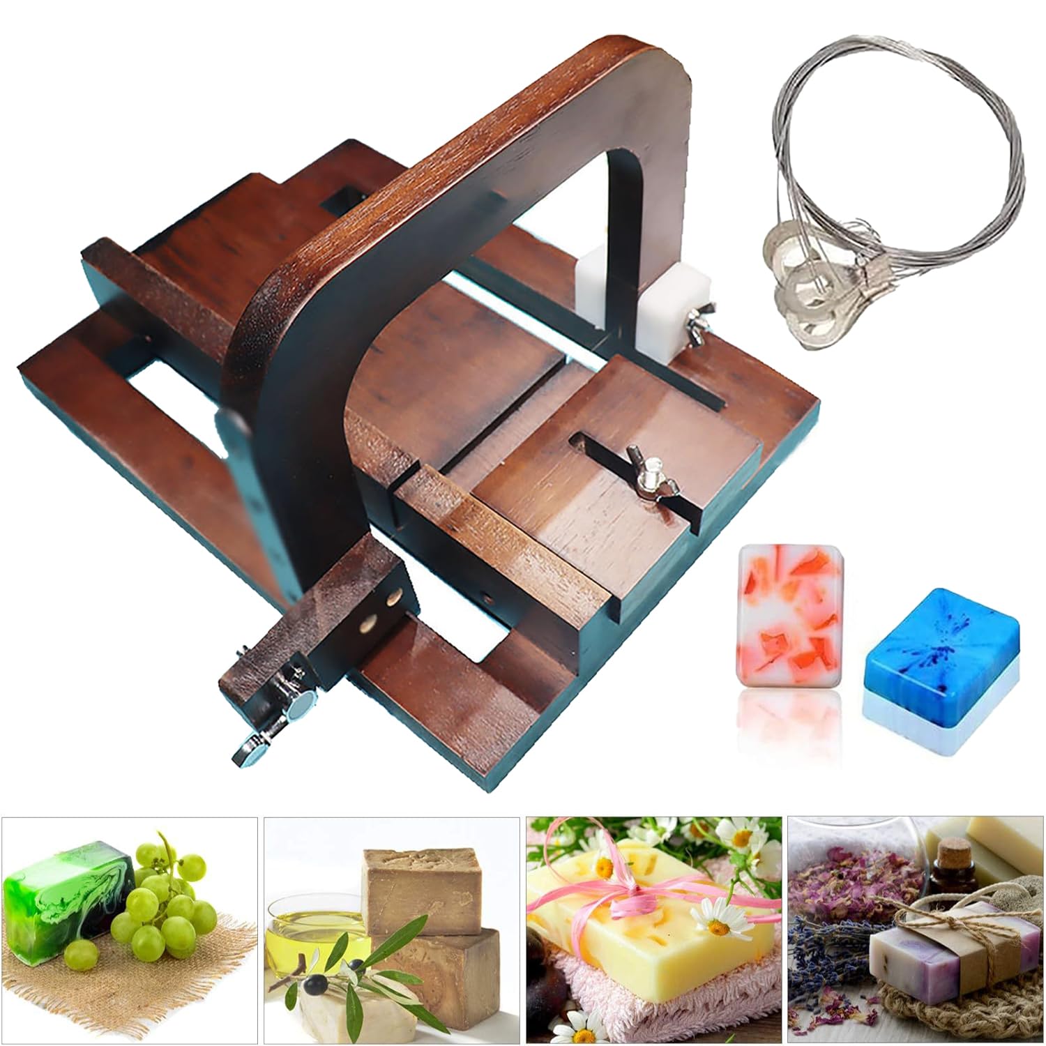 Cortador De Jabón De Madera De Nogal Negro, Máquina Cortadora De Alambre De Acero para Jabón, Herramienta De Corte De Alambre Ajustable con Escala De Tamaño Y 10 Piezas De Cables Reemplazables para