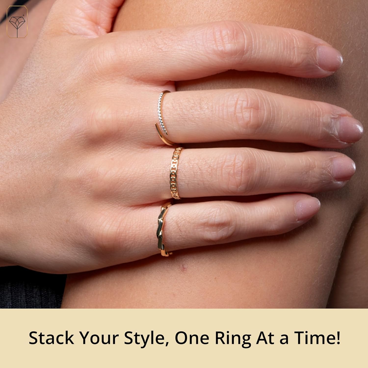 MAX + STONE Solid 10K Gold Rings for Women | Open Twist 10k Solid Gold Ring for Women with CZ | Comfortable & Thin Gold Stackable Rings | Hypoallergenic 10K Solid Gold Band CZ Ring in Size 6-8 - Image 3