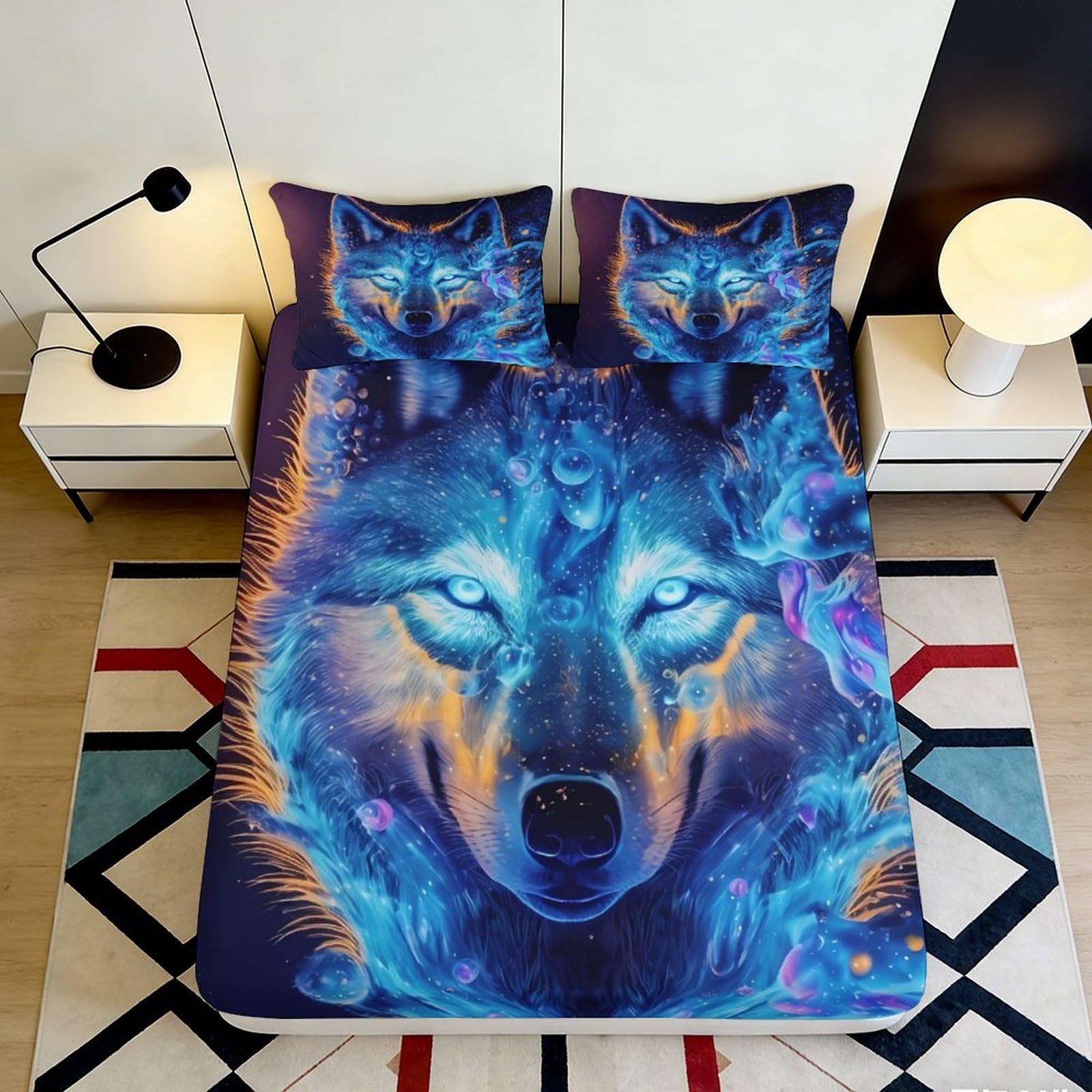 3D Printed Wolf Pattern Fitted Sheet Microfiber Deep Pocket Bedroom Bedding Wolf Mattress Fitted Cover Full Wrap Washable 200x200x25cm