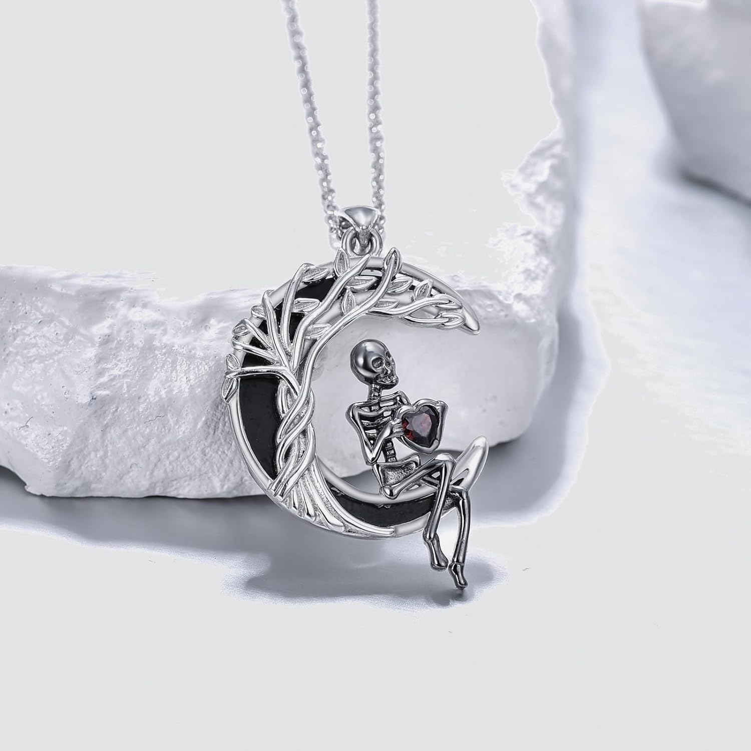 Gothic Bat/Black Cat/Skeleton/Snake/Raven Necklace for Women 925 Sterling Silver Black Onyx Tree of Life Pendant Necklace Goth Jewelry Halloween Christmas Birthday Gifts - Image 2