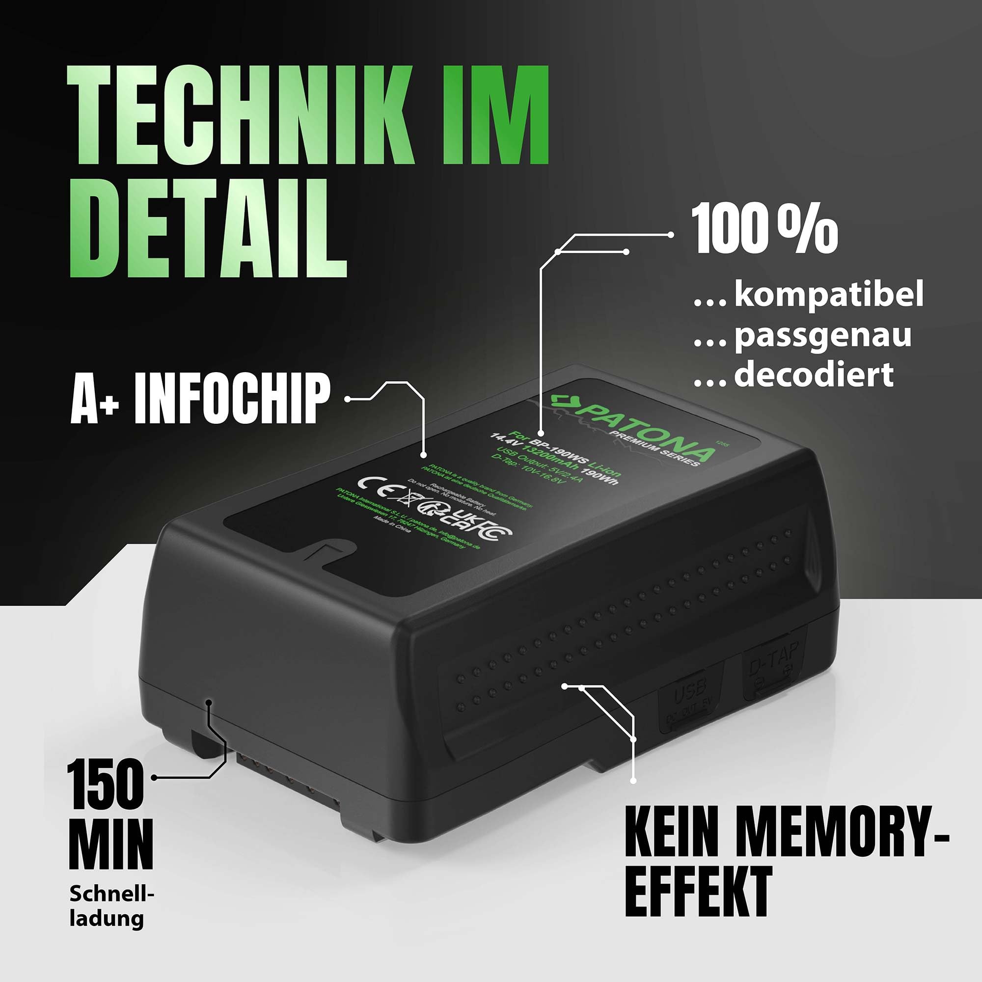 PATONA Premium V-Mount Akku 190Wh Ersatz für Sony BP-190WS BP-GL95 BP-GL65 | Ersatzakku 14.4V 13200mAh mit D-Tap & USB-Ausgang, LED-Anzeige - für Broadcast-Camcorder, URSA & Video-Licht