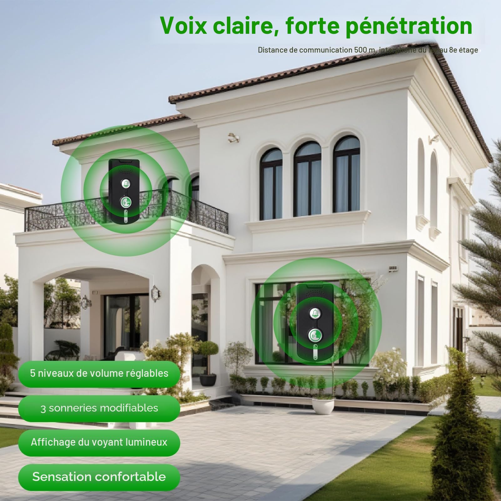 3 Pièces Interphone Vocal sans Fil, 500M Interphone sans Fil à Très Longue Portée, Sonnette D'interphone Vocal étanche, Interphone Vocal à 2 Voies pour la Maison Bureau