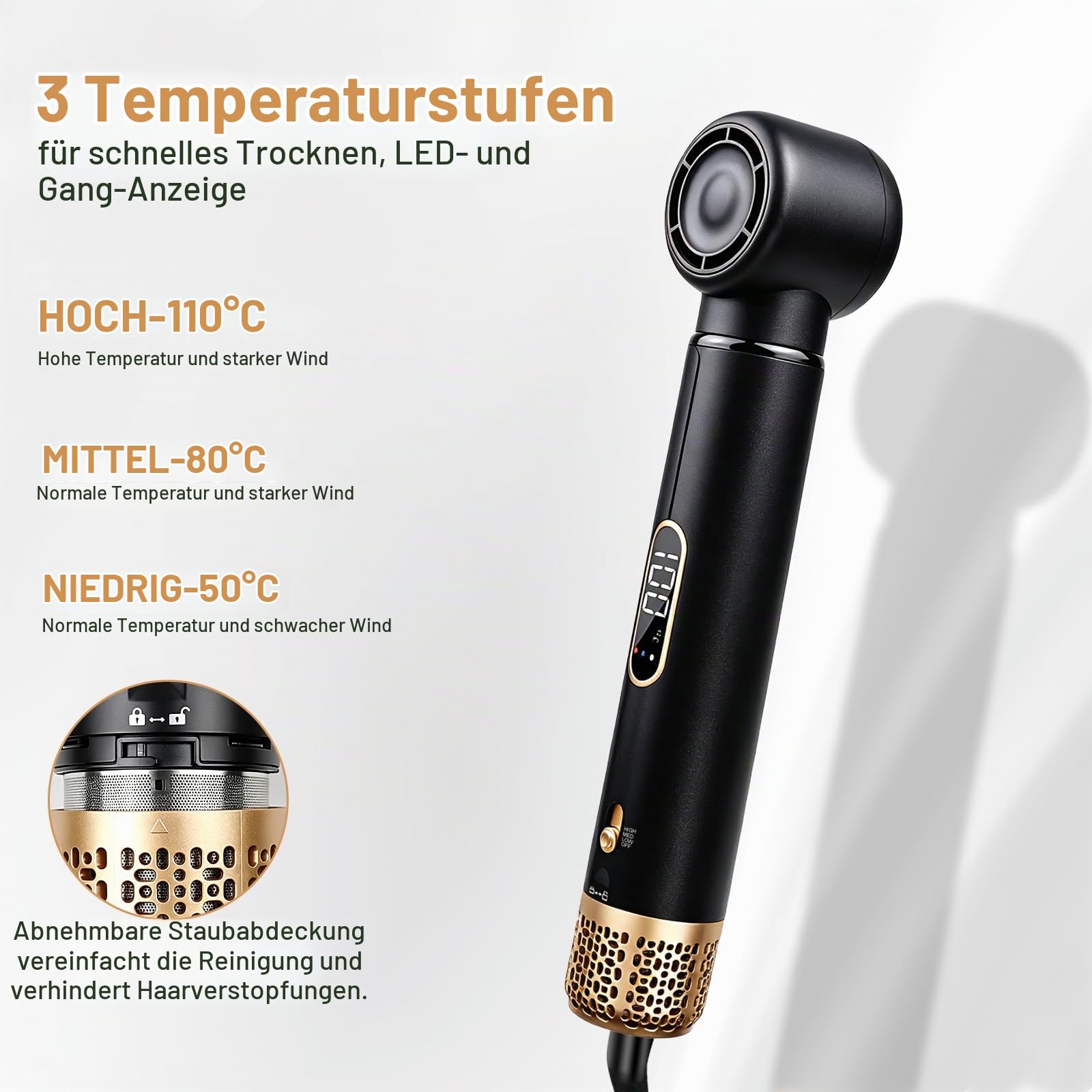 Hair Styler Set 5 in 1 mit LCD-Temperaturanzeige 1000W | Haarstyler,Ionen-Haartrockner&Warmluftbürste,3 Heizstufen,Rundbürstenföhn Hairstyler Set Für Glätten Trocknen Volumen Locken
