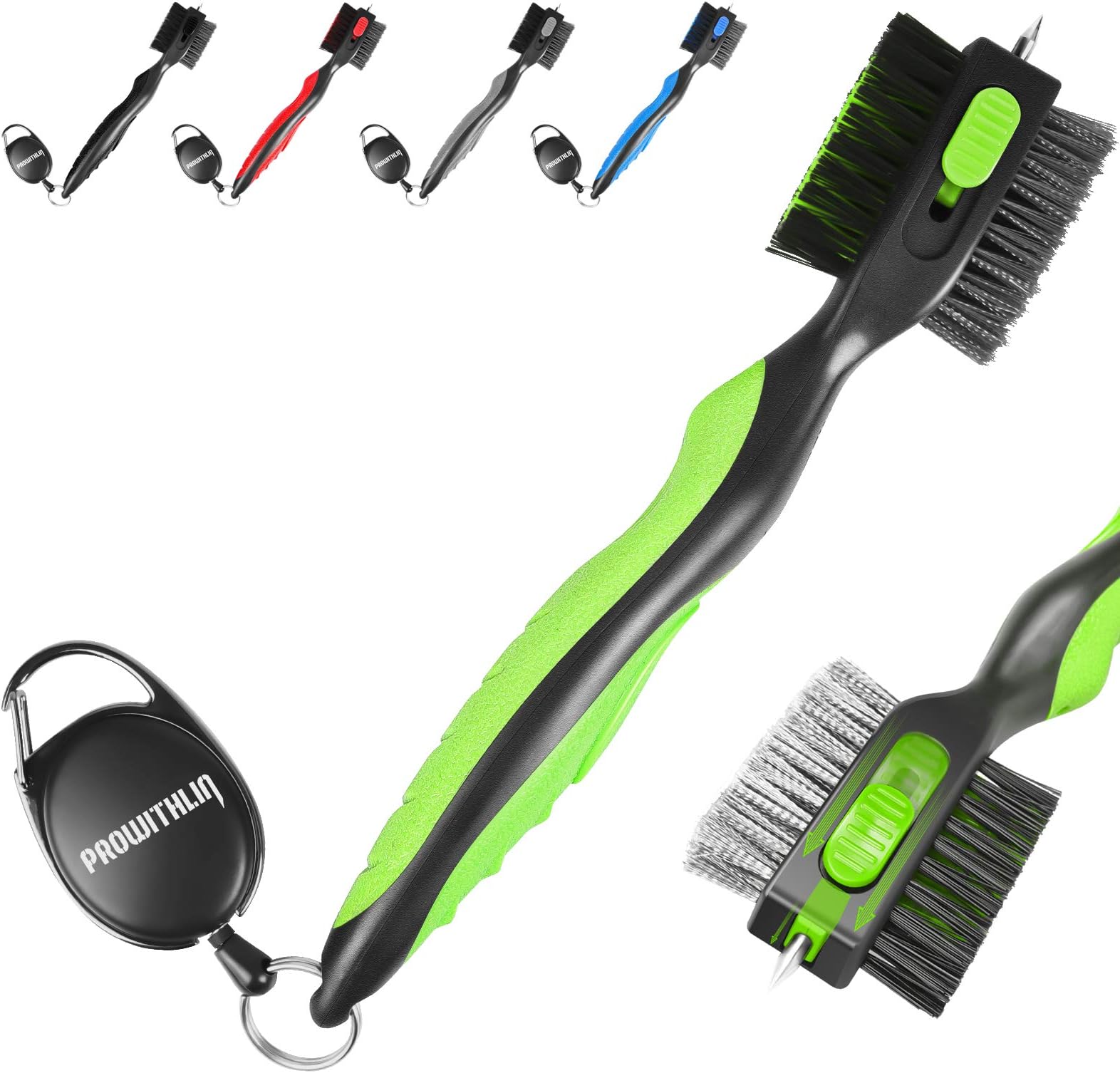 Golf Club Brush and Golf Clubs Groove Cleaner 2 in 1, 2ft Retractable Zip-line Metal Buckle and Retractable Sharp Pick, Multifunctional Brush Head with Nylon and Wire Bristles(Black and Green Upgrad)