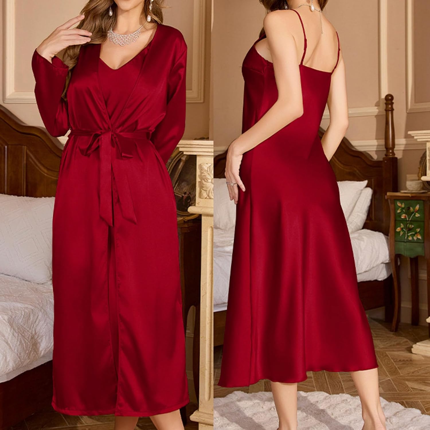 Satin Nightgown and Robe Sets for Women 2 Piece Sexy V-Neck Silk Slip Dress Long Chemise Sleepwear Pajamas with Belt - Image 6