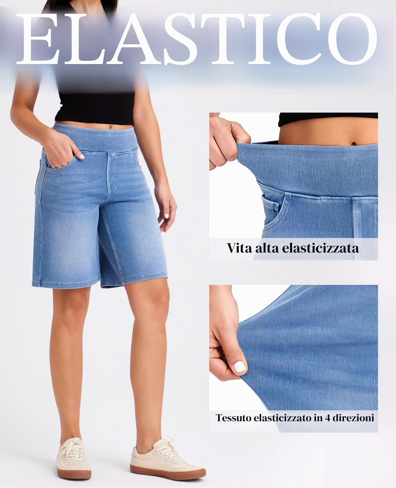 LaiEr Bermuda da Donna a Vita Alta in Pantaloncini,Shorts Casual al Ginocchio in Denim Elasticizzato e dalla vestibilità Comoda,Ideali per Lo Sport,Il Fitness,Lo Yoga e L'allenamento