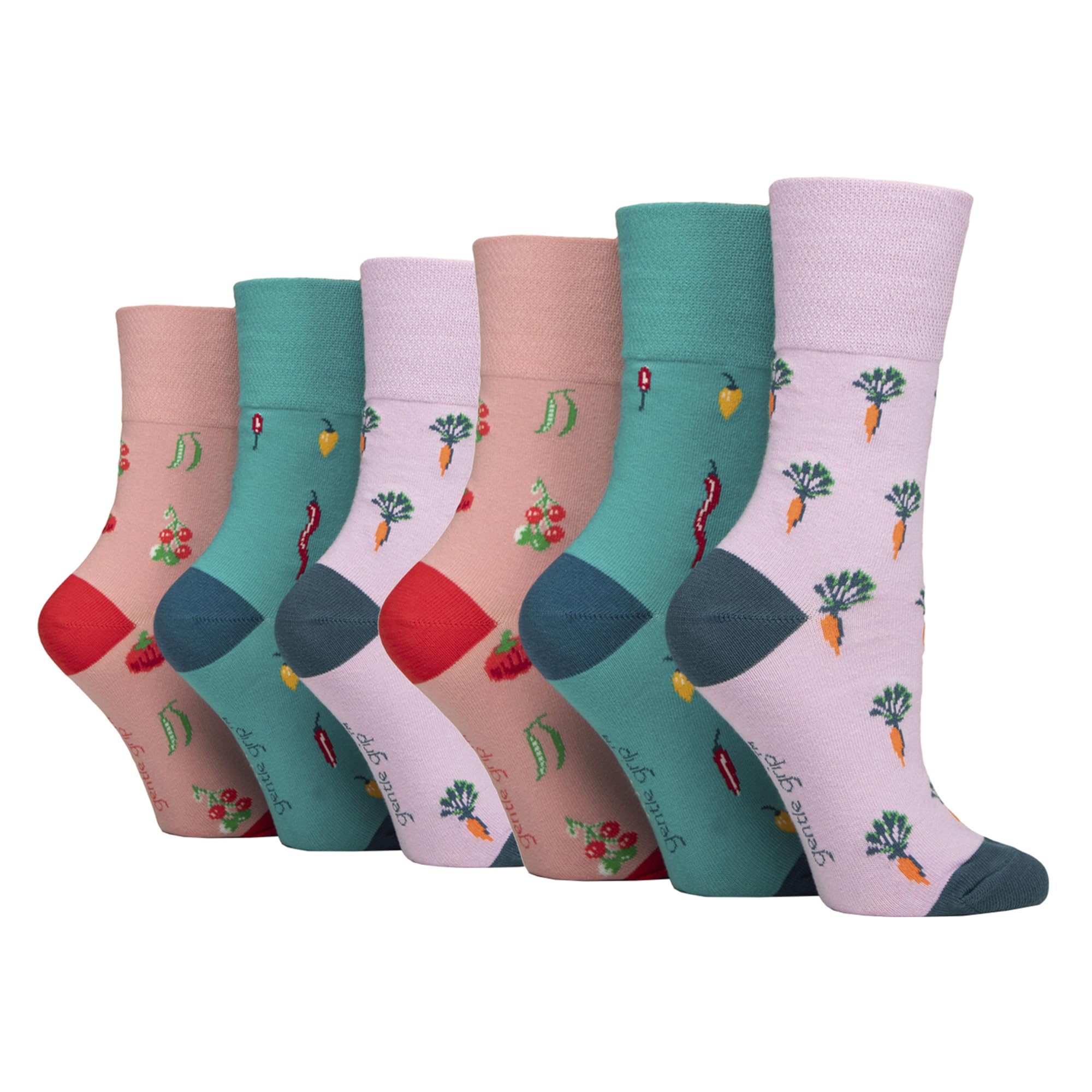 Sock Shop Gentle Grip Women's Vegetables - Novelty Patterned Socks – 6 Pack | Fun Non-Elastic Soft Top Cotton Socks For Circulation (4-8, )