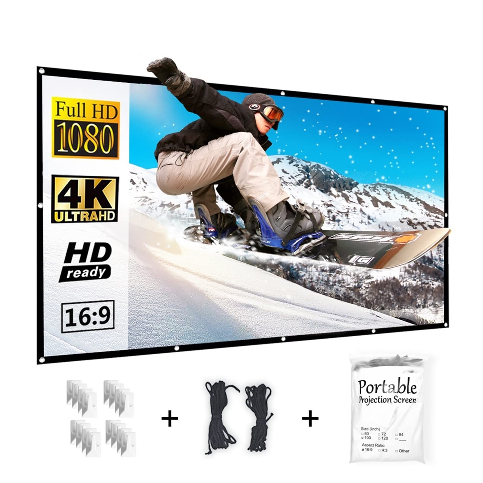 Telo Proiettore, Schermo for proiettore addensato, 120/150 pollici 16: 9, schermo di proiezione bianco portatile pieghevole in poliestere for home theater all'aperto(100 inch)