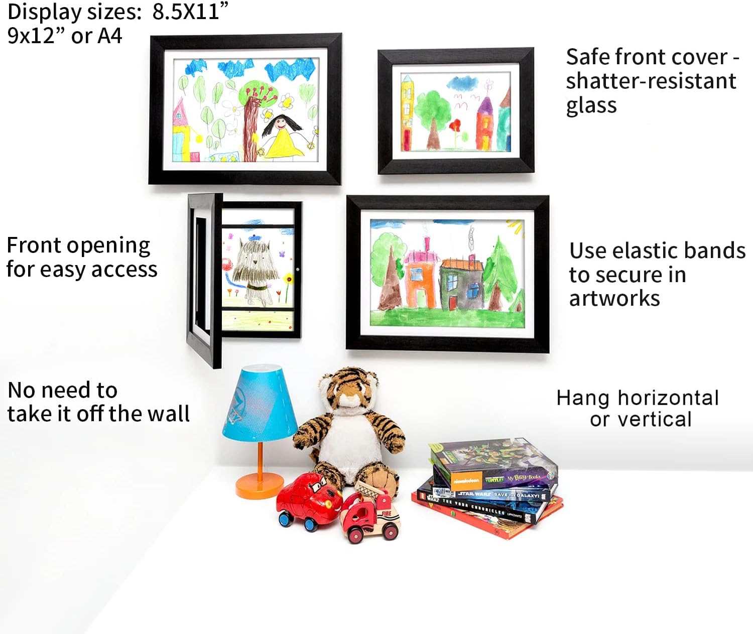 Q.Hou Kids Artwork Frames Changeable Wood 2 Pack Display 8.5x11, Kids Art Frames Front Opening Holds 50, Black and White Great for Kids Drawings, Children Art Projects, Schoolwork -KF2012B/W-10125 (2PK)