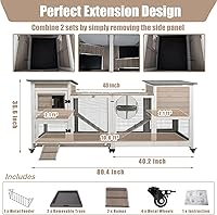 Vista 5 de PetsCosset Conejera de madera para interiores de 40 pulgadas de largo, grande, de 2 pisos, con carrera, 4 ruedas de metal y 2 bandejas más