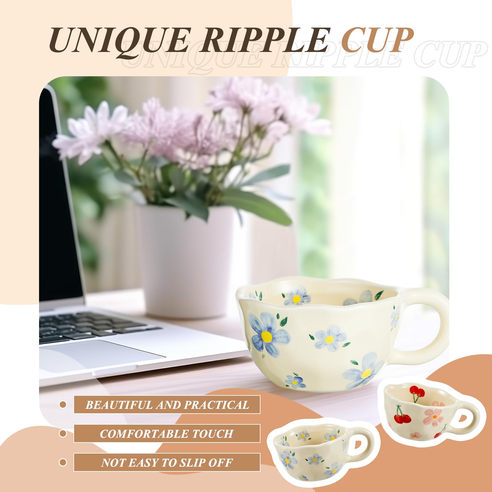 Vesici 2 tazas de café de cerámica creativas con diseño de flores con asas, 241.0 g, bonita taza de porcelana estética para oficina, hogar, lavavajillas y microondas (encantadora)