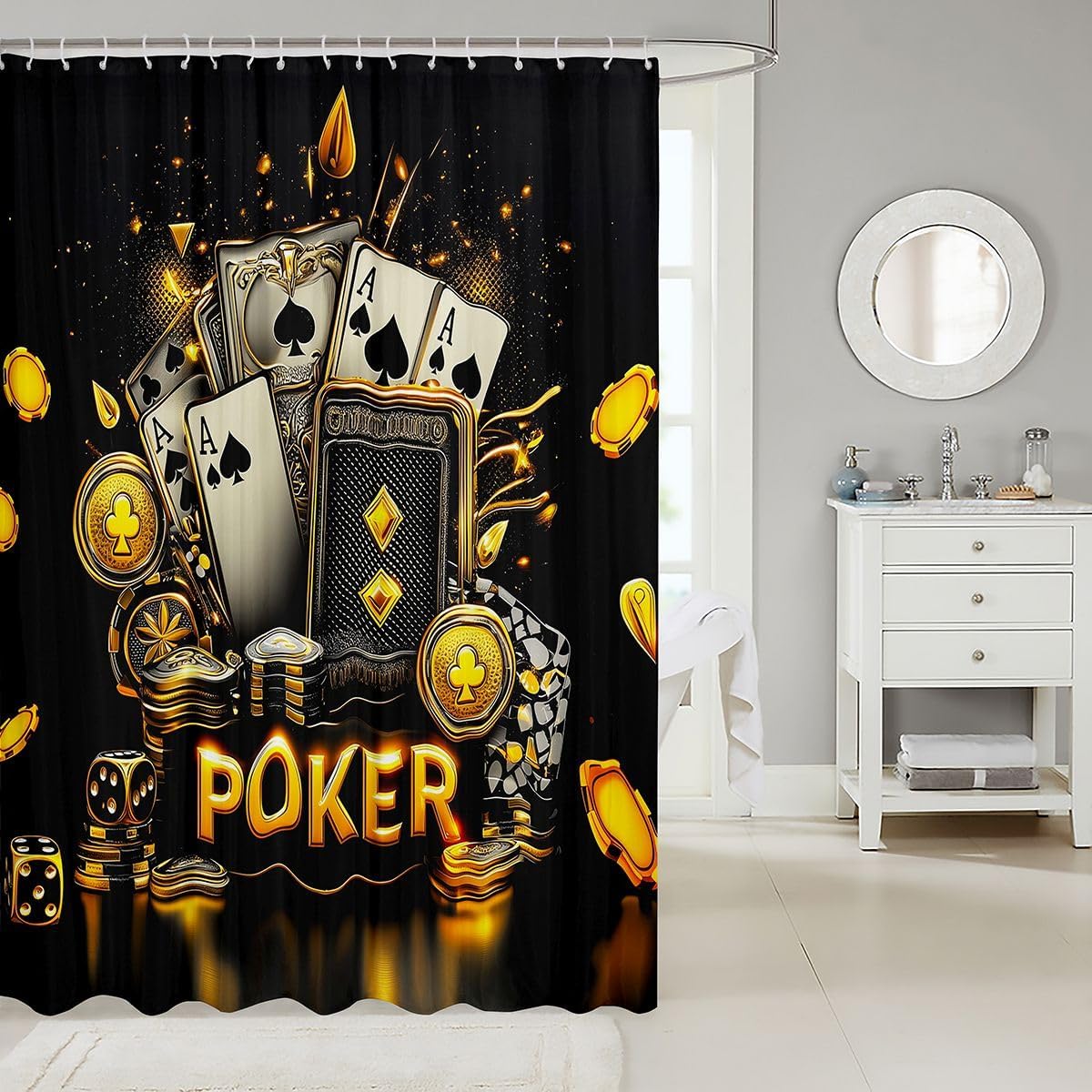 Erosebridal Golden Poker Cards Shower Curtain 72" Wx72 L Luxury Casino Chips Waterproof Bathroom Accessories Black Gold Dice Bath Curtain for Bathroom Showers Sparkle Light image 2