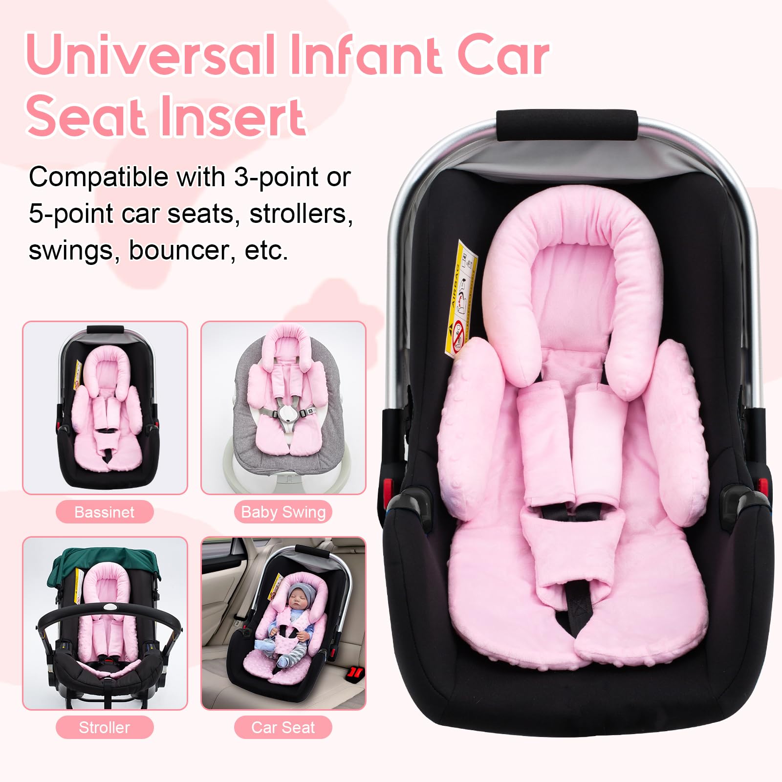 Inserto de asiento de automóvil para bebé con 3 fundas de correa adicionales, soporte grueso para la cabeza y el cuerpo para bebés, cojín reversible para asiento de coche para niños y niñas, inserto