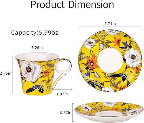 Miniatura 5 de KAMMAK Juego de 2 tazas de té y platillos, tazas de café de porcelana reforzada, tazas de café apilables de 5.7 onzas, demitasse de cerámica para
