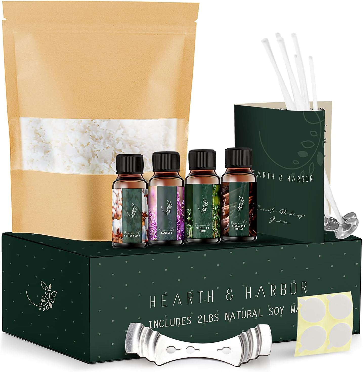 Hearth & Harbor Soy Candle Wax for Candle Making - Natural Soy Wax for Candle Making 2 lb Bag, Premium Soy Wax Flakes, 5 Cotton Candle Wicks, 4 Wick Stickers, & 1 Centering Devices